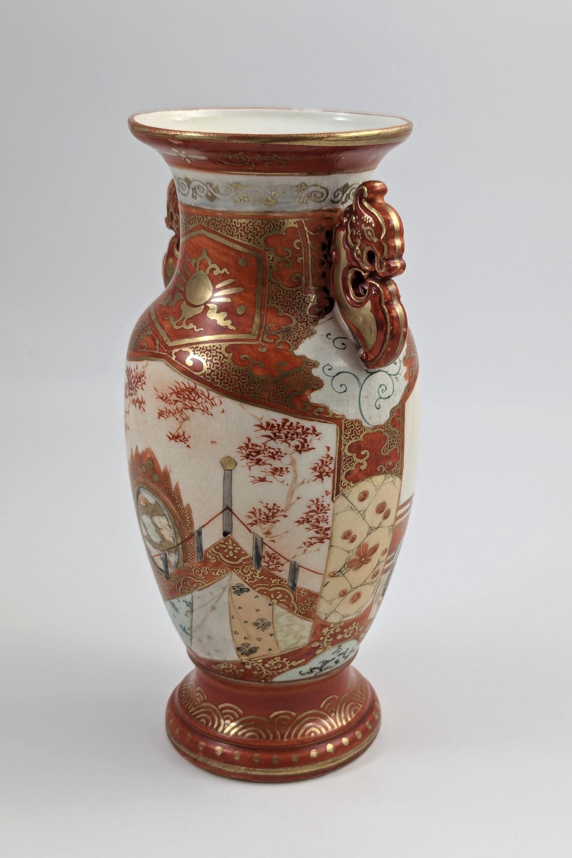 Meiji Kutani Porcelain Vase: Hand-Painted Court Lady, Shishi Handles, Signed Juzan