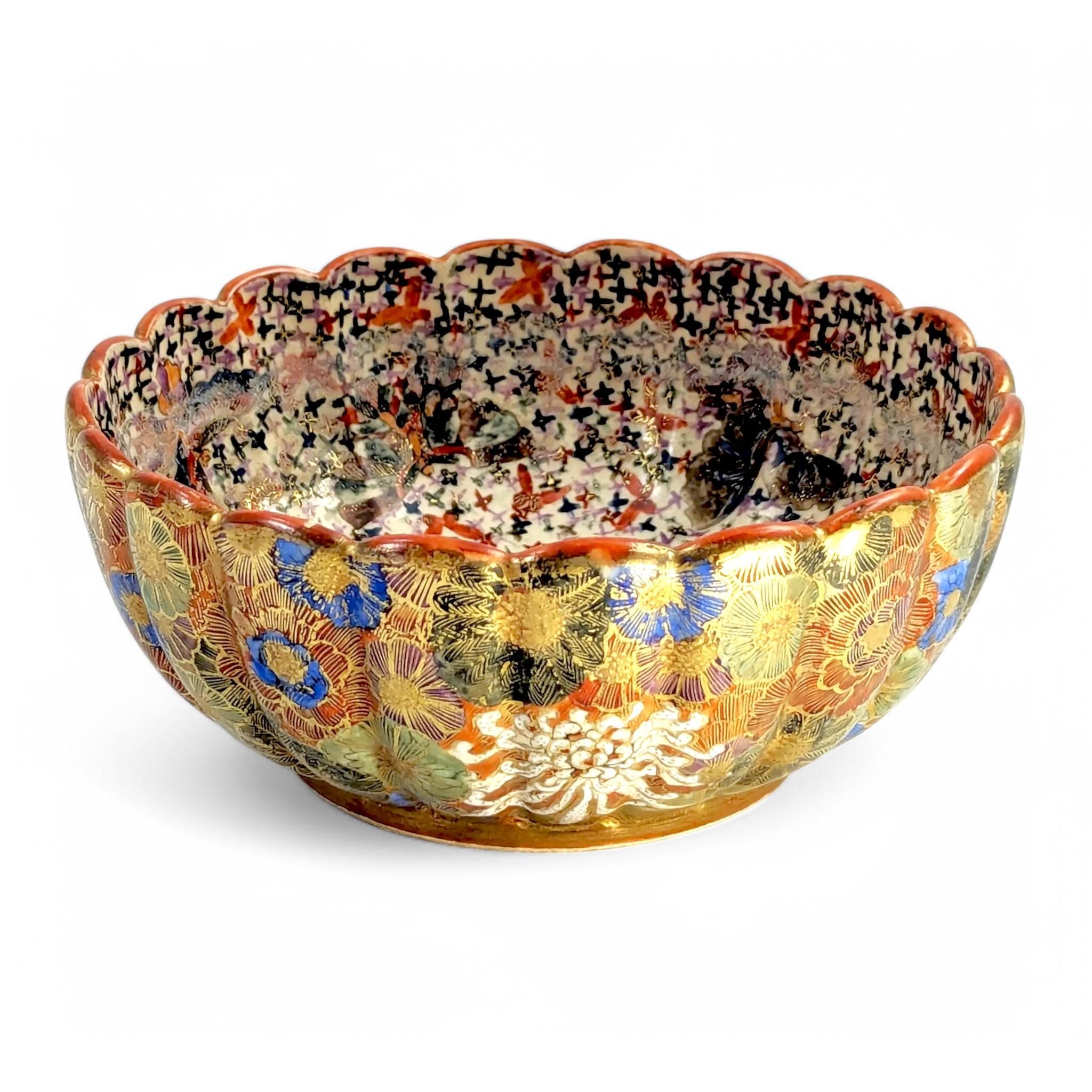 Meiji Japanese Satsuma Bowl: Thousand Flowers, Thousand Butterflies, Signed Tanaka, c. 1880