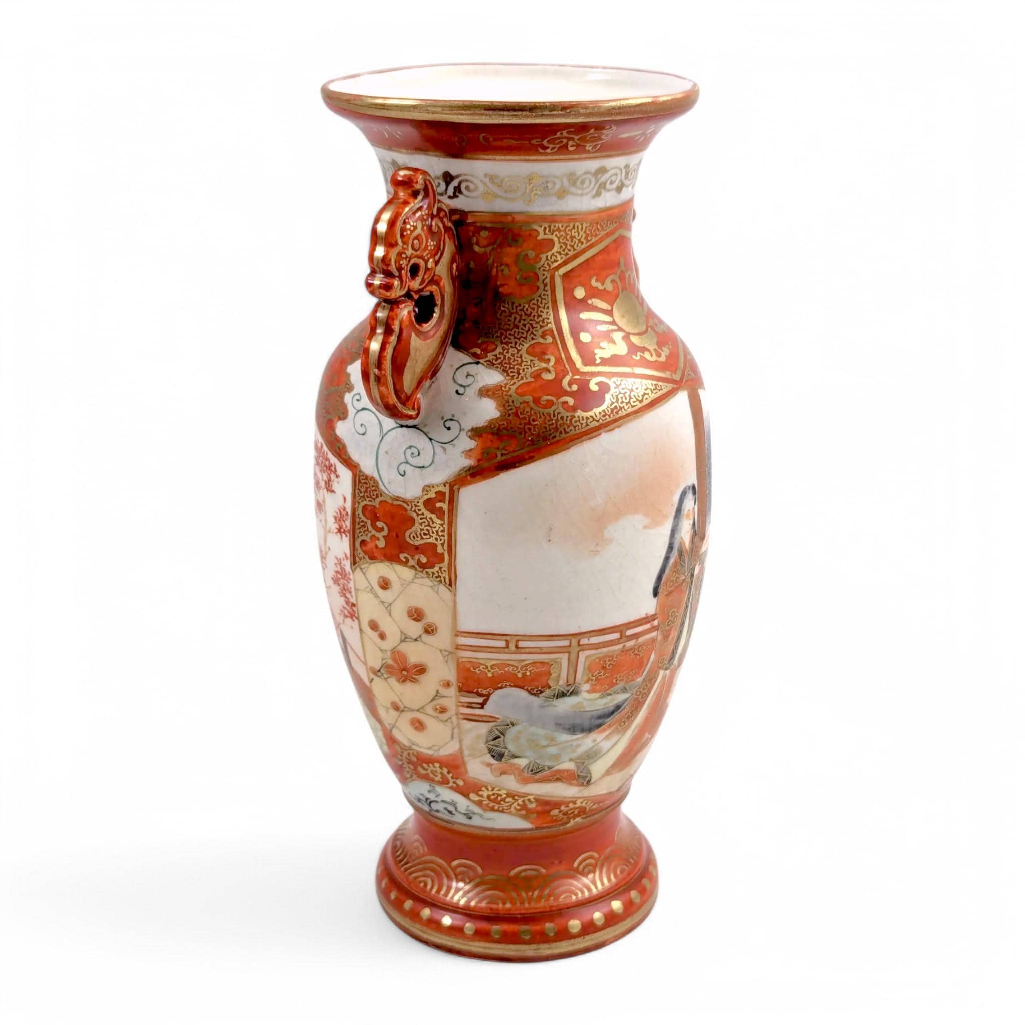 Meiji Kutani Porcelain Vase: Hand-Painted Court Lady, Shishi Handles, Signed Juzan
