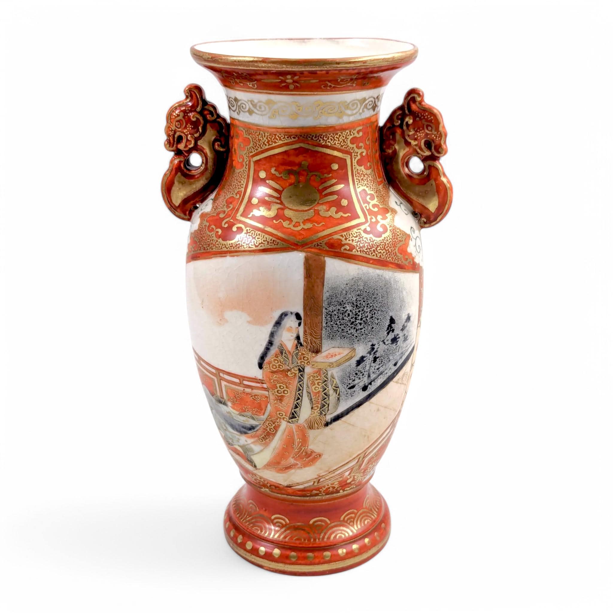 Meiji Kutani Porcelain Vase: Hand-Painted Court Lady, Shishi Handles, Signed Juzan