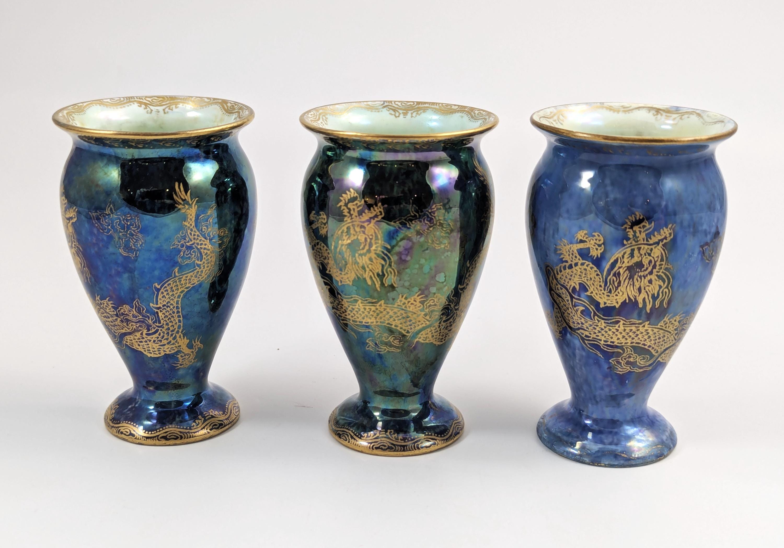 Wedgwood Lustre Bud Vase Trio: Daisy Makeig-Jones Dragons, c. 1915