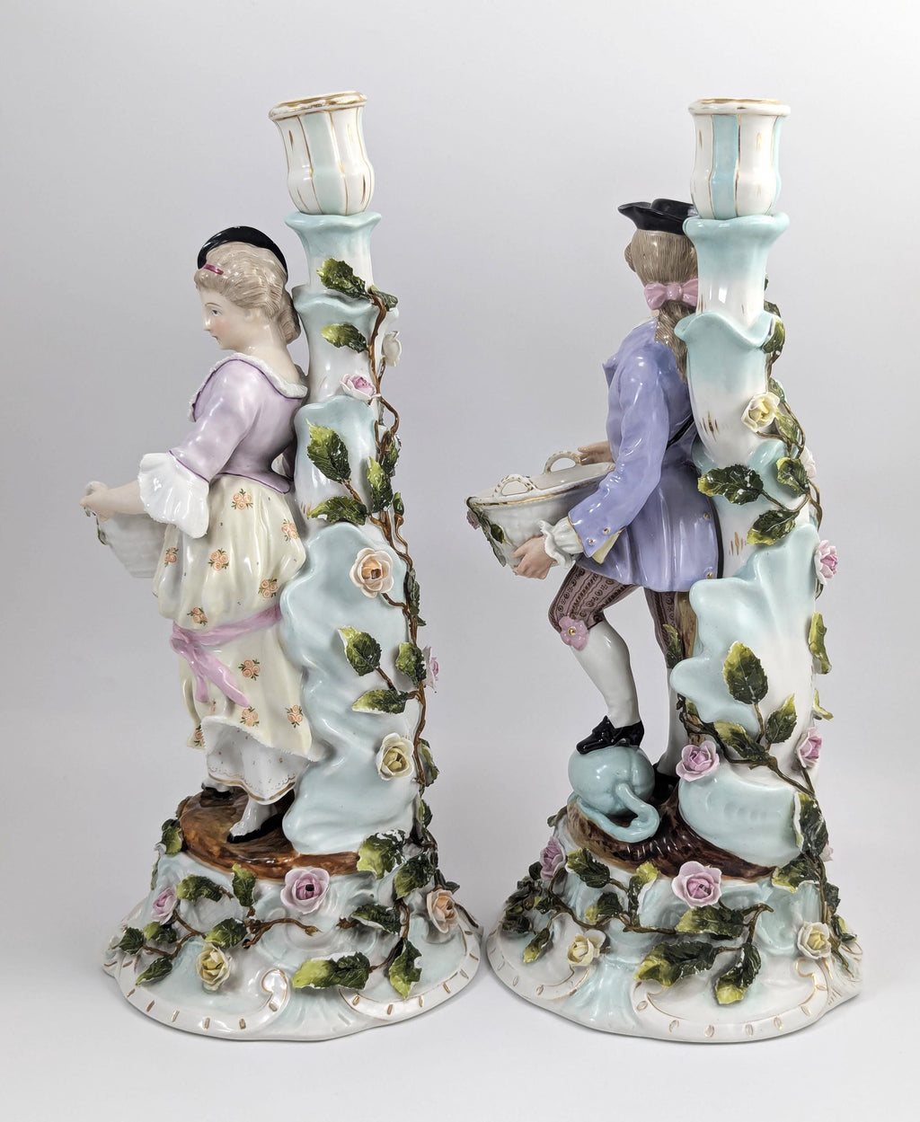 Antique Sitzendorf Porcelain Figural Candlesticks: Rococo Gardeners, c. 1890