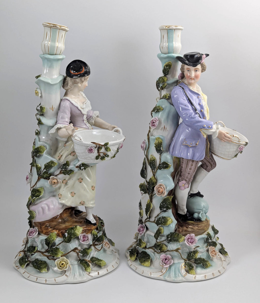 Antique Sitzendorf Porcelain Figural Candlesticks: Rococo Gardeners, c. 1890