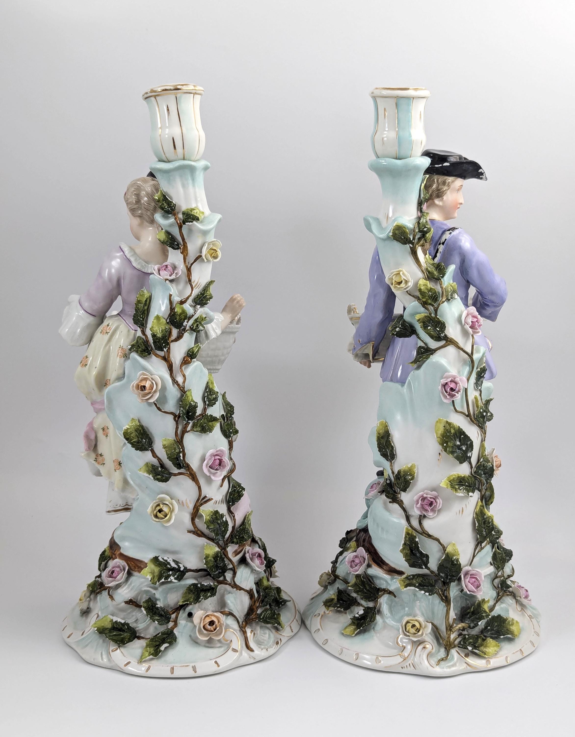 Antique Sitzendorf Porcelain Figural Candlesticks: Rococo Gardeners, c. 1890
