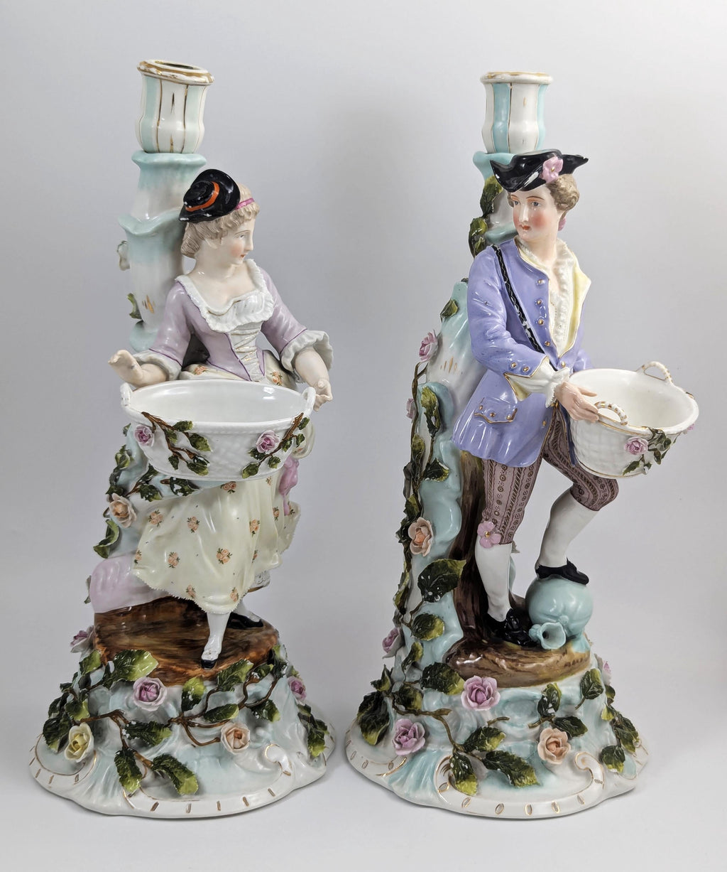 Antique Sitzendorf Porcelain Figural Candlesticks: Rococo Gardeners, c. 1890