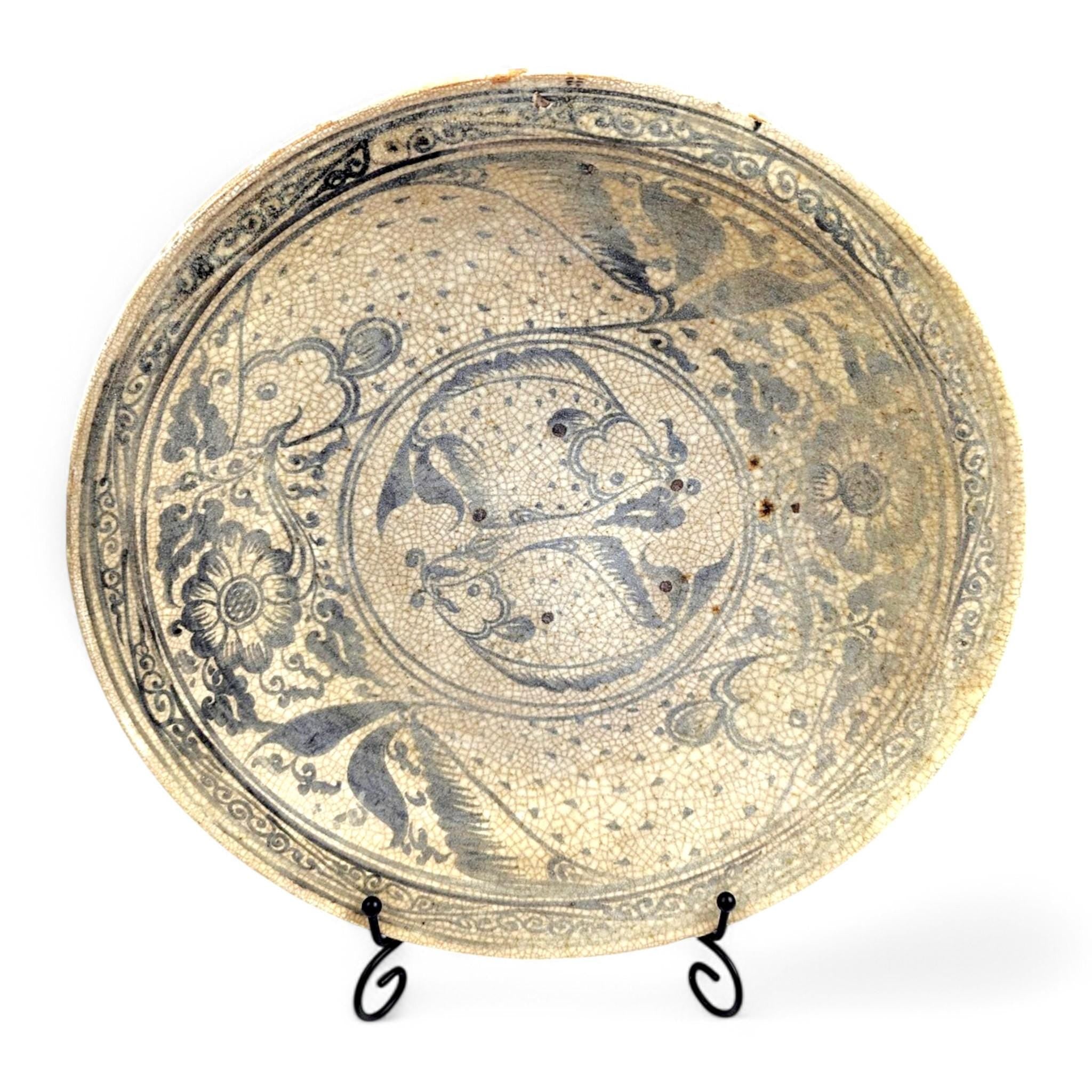 Antique Sukhothai Stoneware Fish Dish: 14th-Century Thai Ceramic Bowl