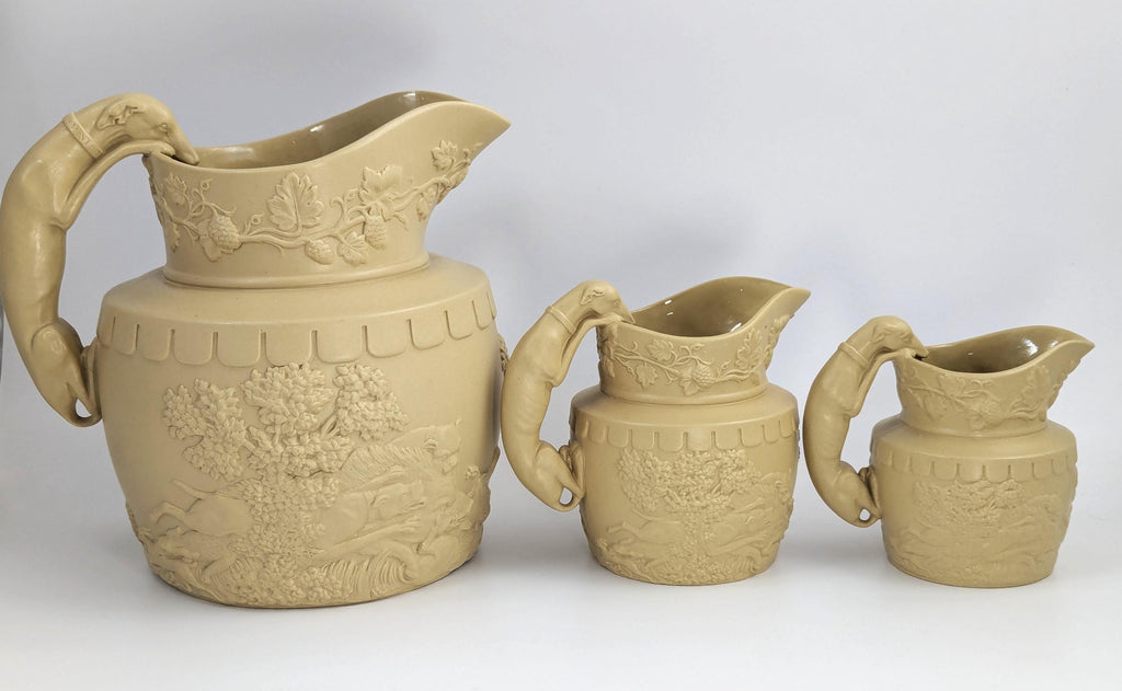 Antique Phillips & Bagster Yellowware Pitcher Set: Stag Hound Handles, c. 1820