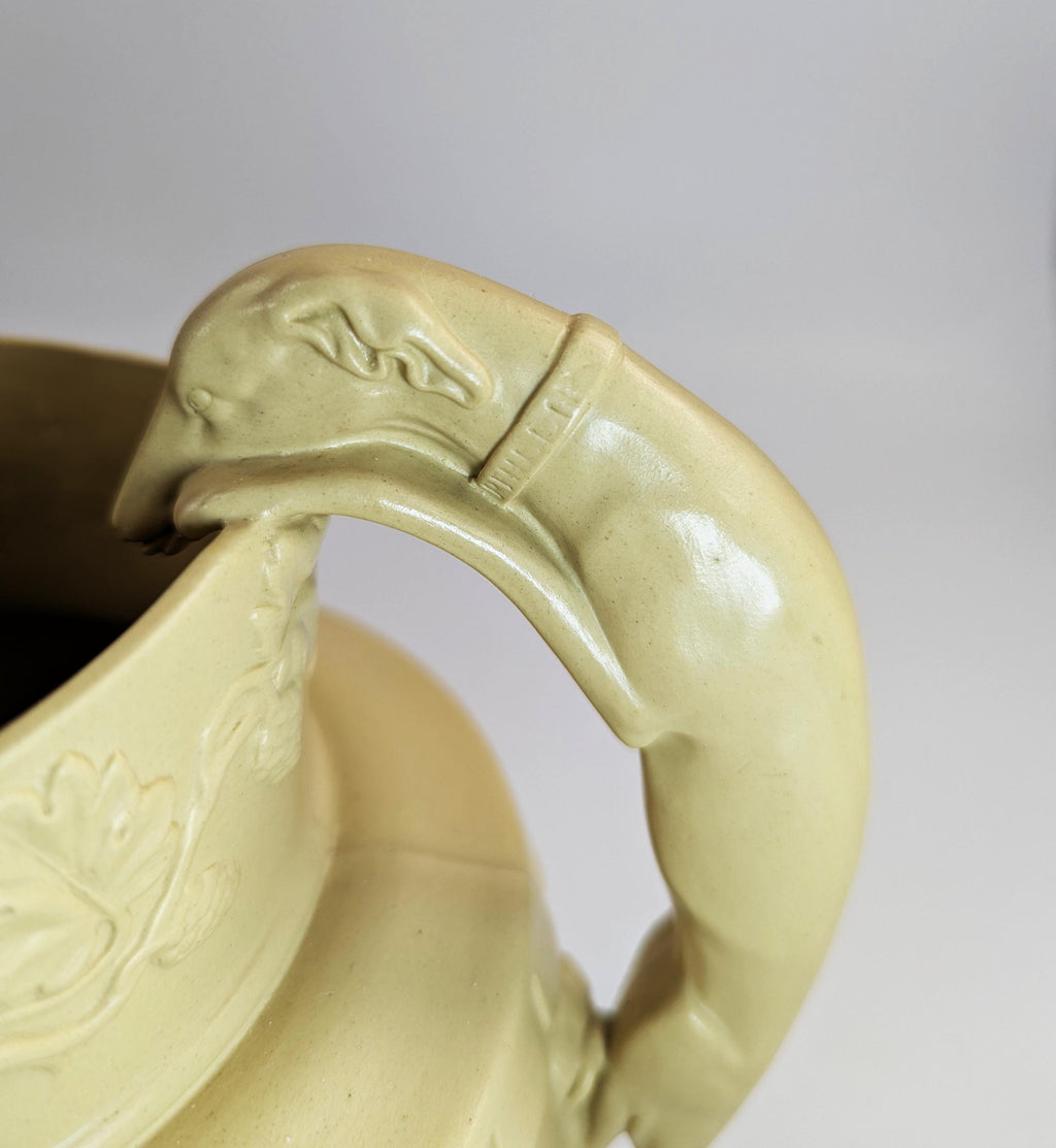 Antique Phillips & Bagster Yellowware Pitcher Set: Stag Hound Handles, c. 1820