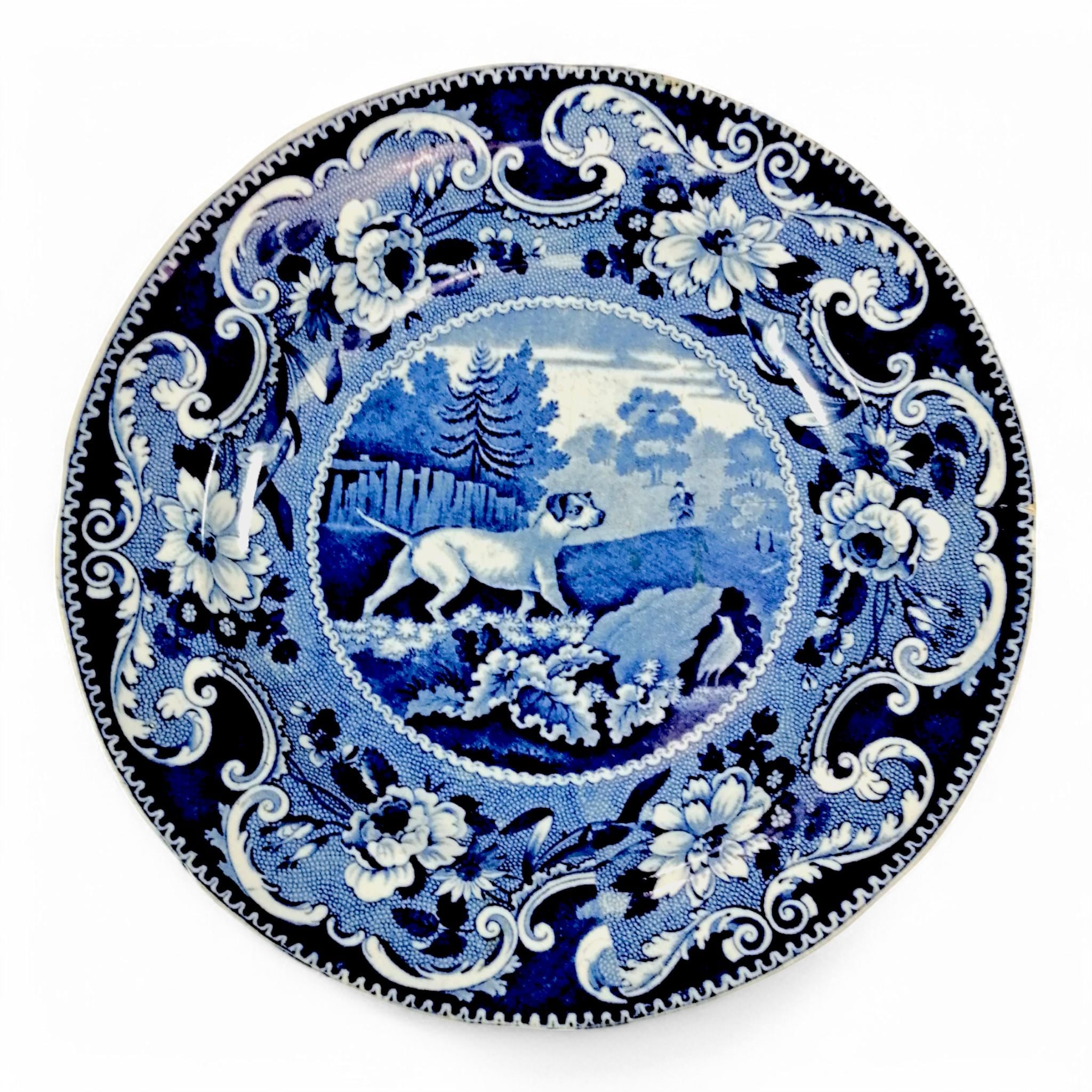 Antique Blue Transferware Plate: Enoch Wood "Hunter Dog" Sporting Scene