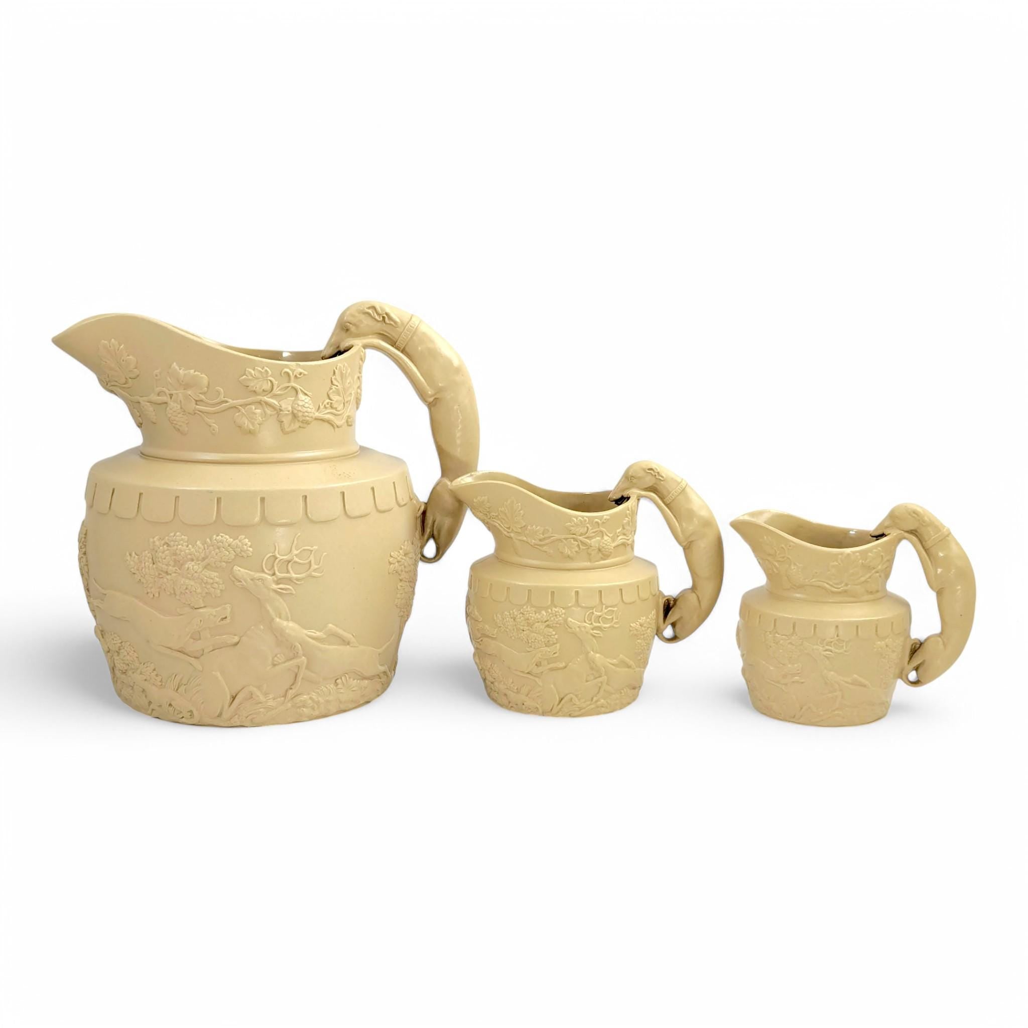 Antique Phillips & Bagster Yellowware Pitcher Set: Stag Hound Handles, c. 1820