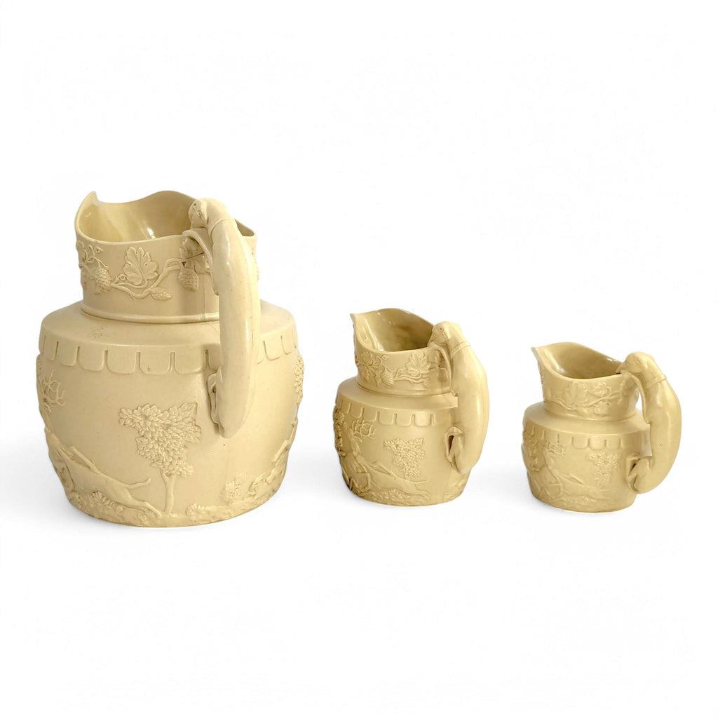 Antique Phillips & Bagster Yellowware Pitcher Set: Stag Hound Handles, c. 1820