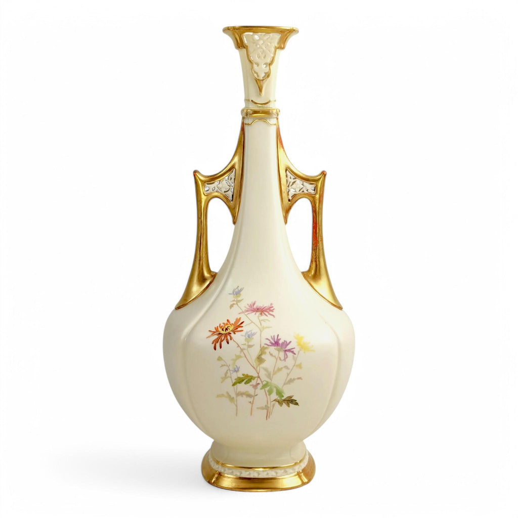 Rare Royal Worcester Vase: Hand-Painted Chrysanthemums, Pierced Gilt Handles, 1890