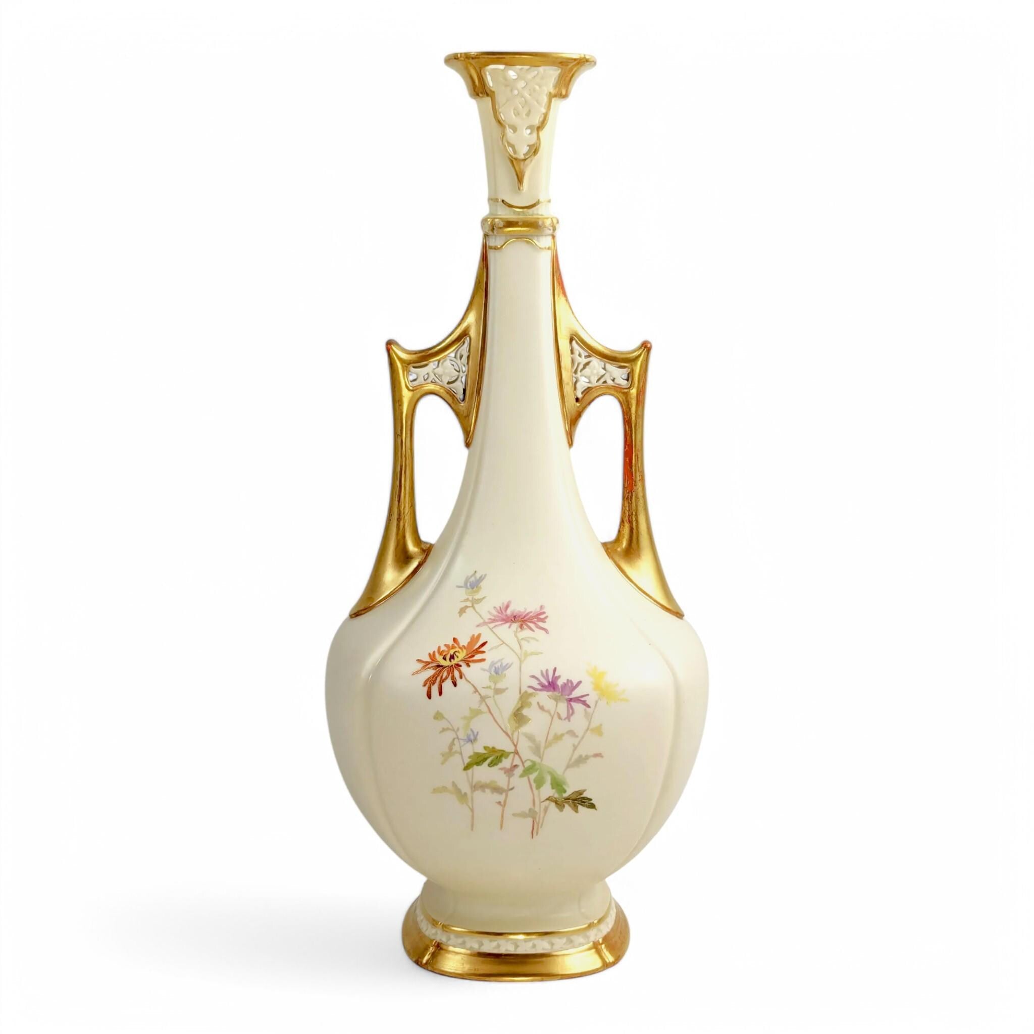 Rare Royal Worcester Vase: Hand-Painted Chrysanthemums, Pierced Gilt Handles, 1890