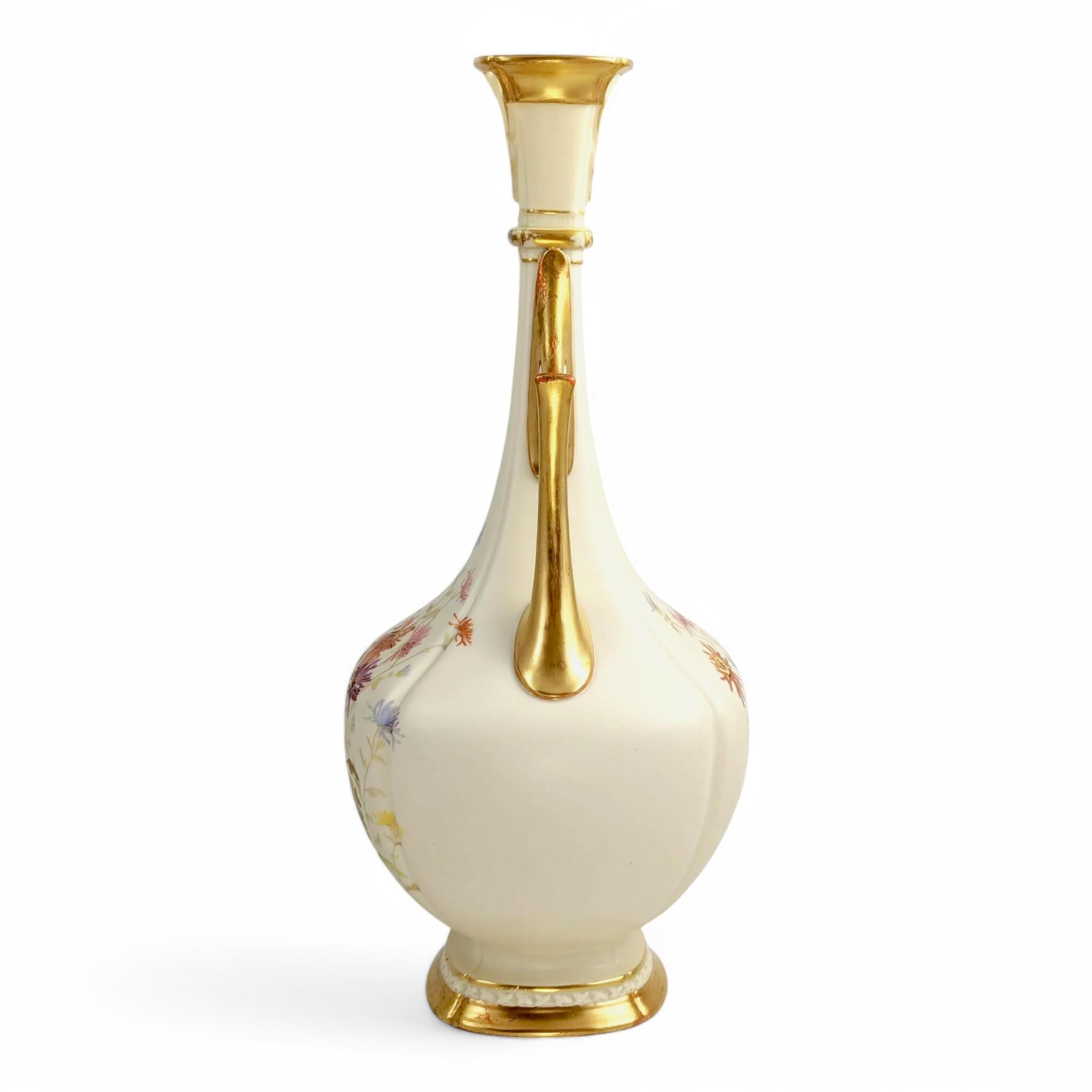 Rare Royal Worcester Vase: Hand-Painted Chrysanthemums, Pierced Gilt Handles, 1890