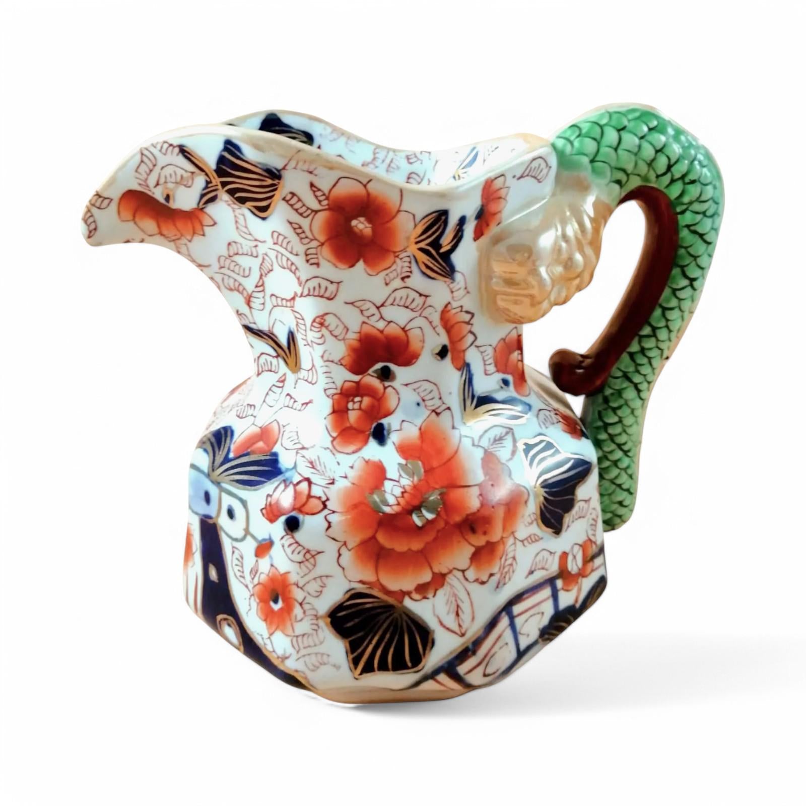 Antique Mason's Ironstone Jug: Serpent Handle, Imari Palette, Gilded Accents