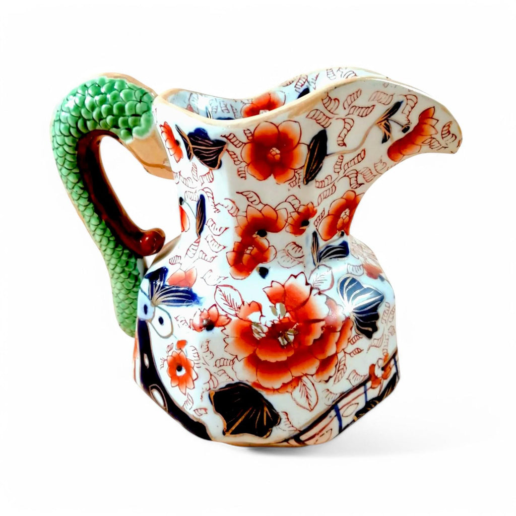 Antique Mason's Ironstone Jug: Serpent Handle, Imari Palette, Gilded Accents