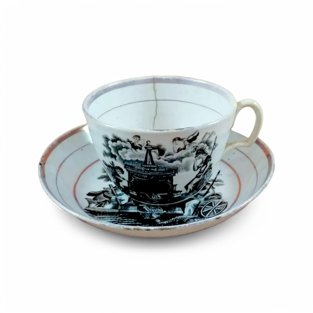 Antique Princess Charlotte Memorial Tea Cup & Saucer: 1817 Staffordshire Mourning Ware