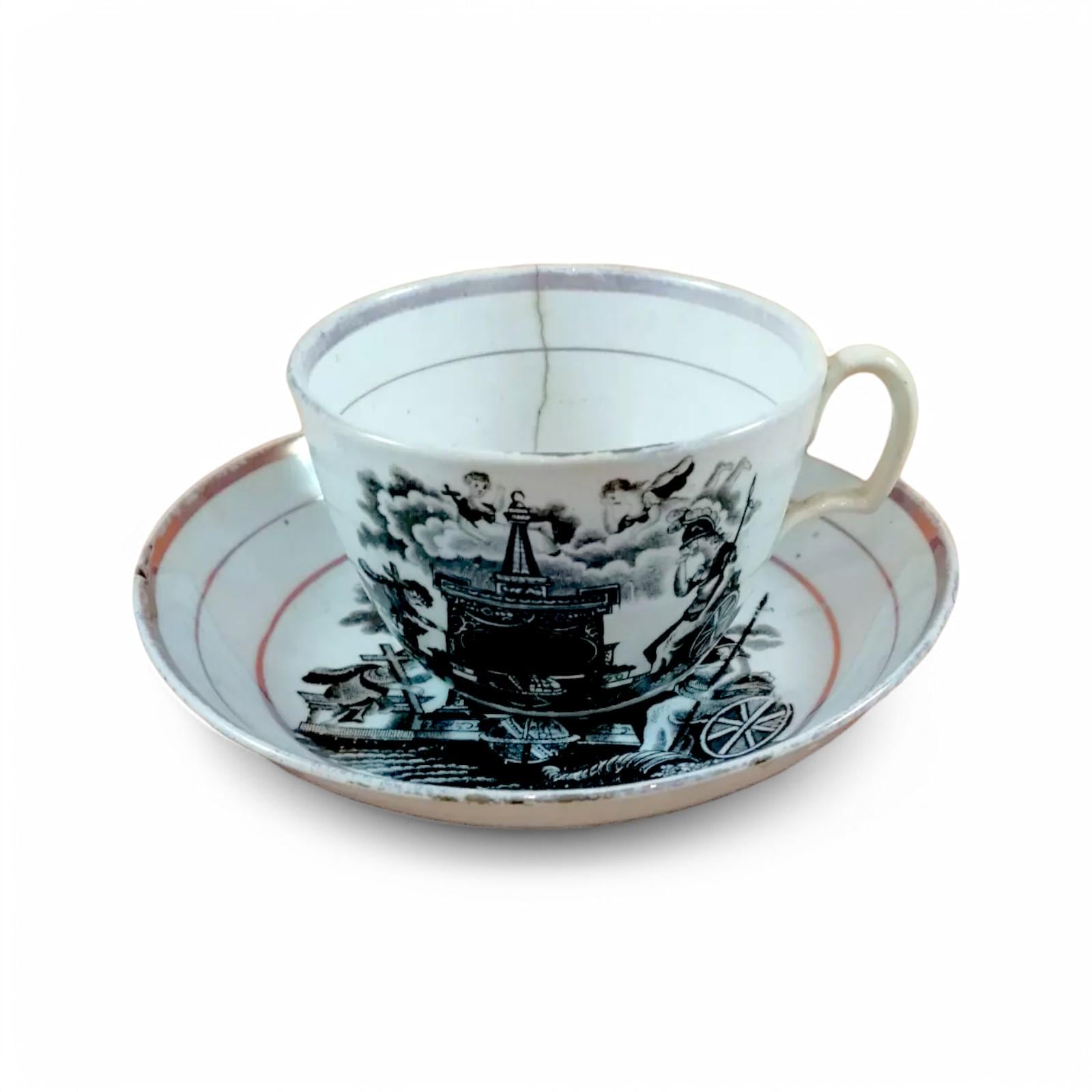 Antique Princess Charlotte Memorial Tea Cup & Saucer: 1817 Staffordshire Mourning Ware