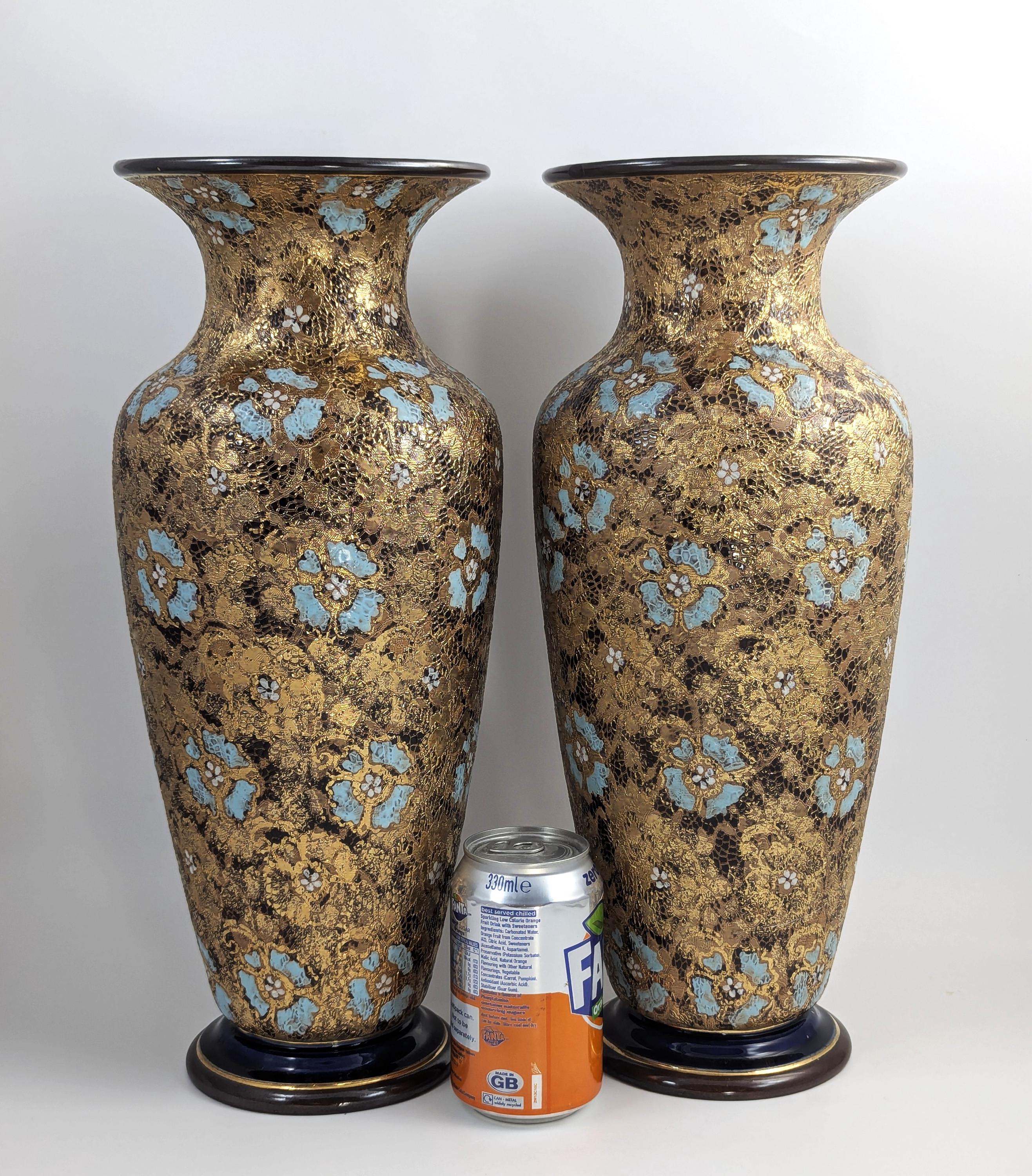 Royal Doulton Lambeth Vases: Antique Enamel Floral Stoneware Pair, 1910