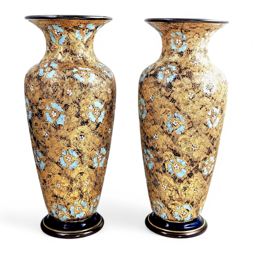 Royal Doulton Lambeth Vases: Antique Enamel Floral Stoneware Pair, 1910