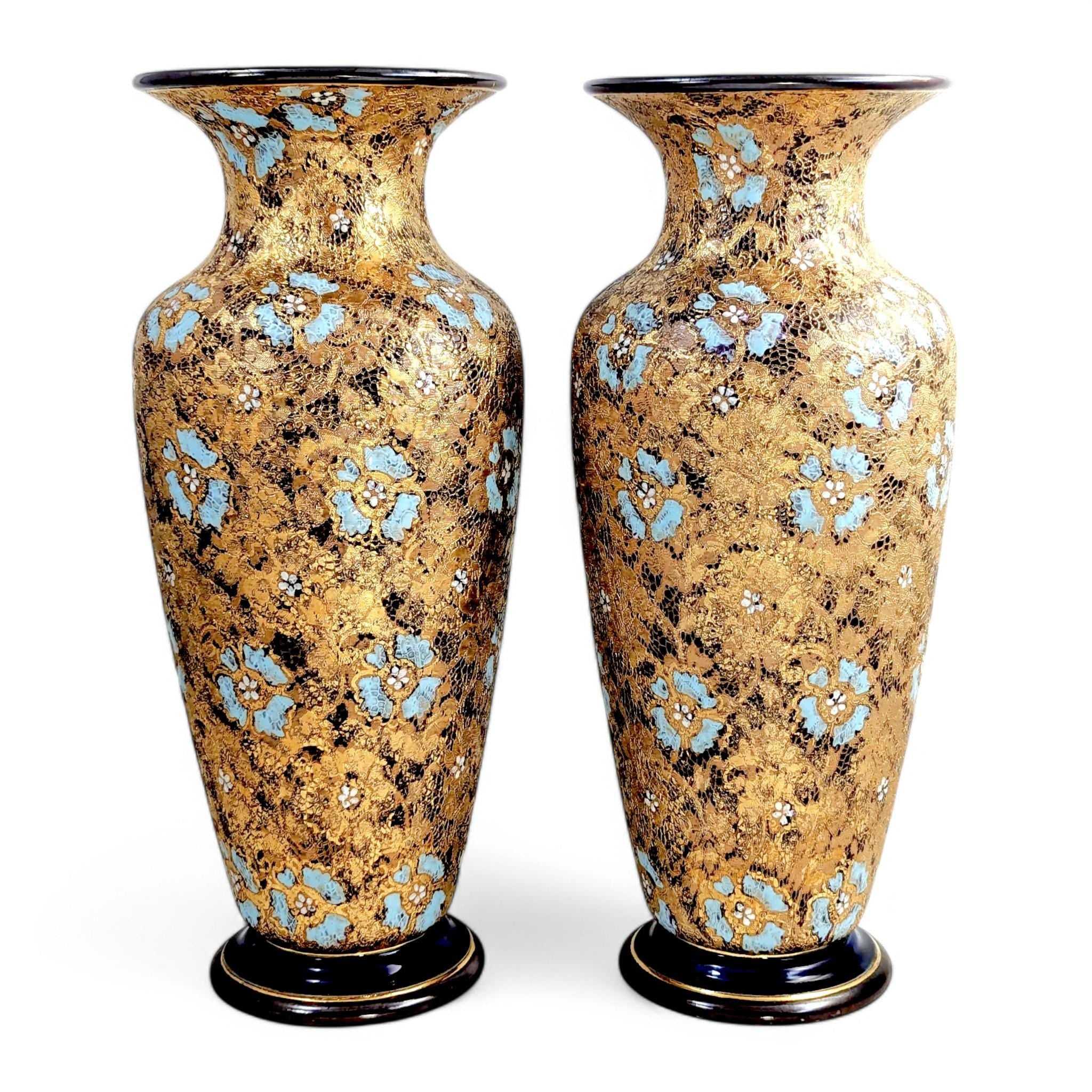 Royal Doulton Lambeth Vases: Antique Enamel Floral Stoneware Pair, 1910