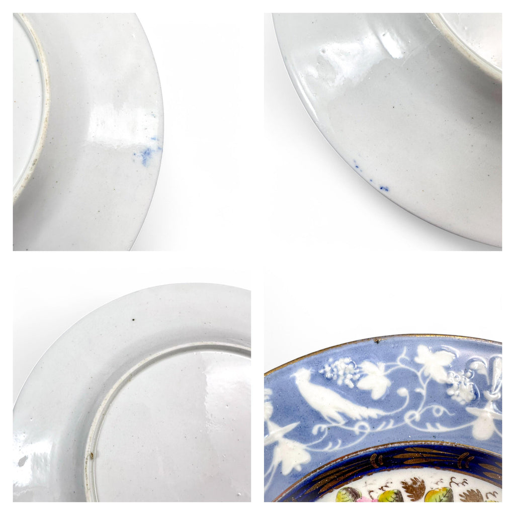 Rare New Hall Porcelain Dessert Set: Hand-Painted Roses, Resist Blue, Regency c. 1820