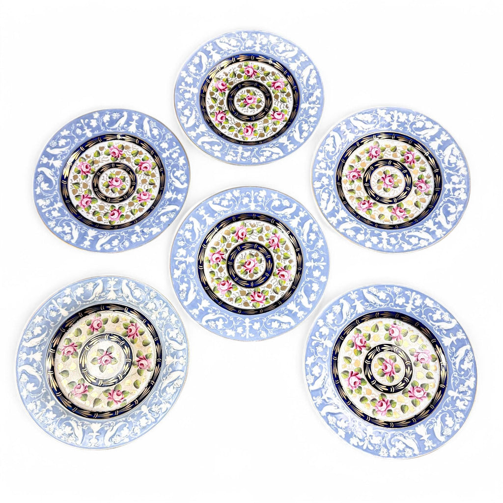 Rare New Hall Porcelain Dessert Set: Hand-Painted Roses, Resist Blue, Regency c. 1820