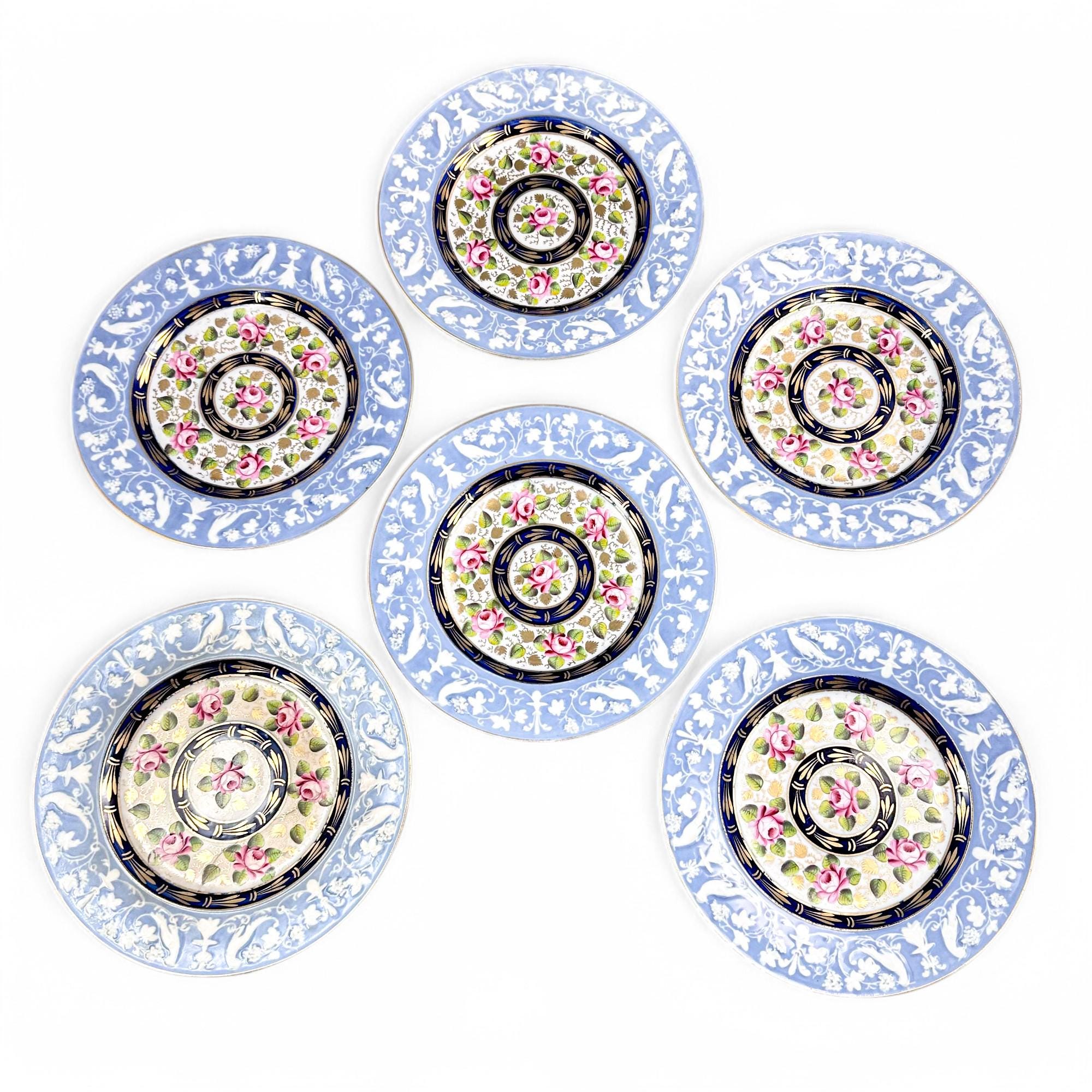 Rare New Hall Porcelain Dessert Set: Hand-Painted Roses, Resist Blue, Regency c. 1820