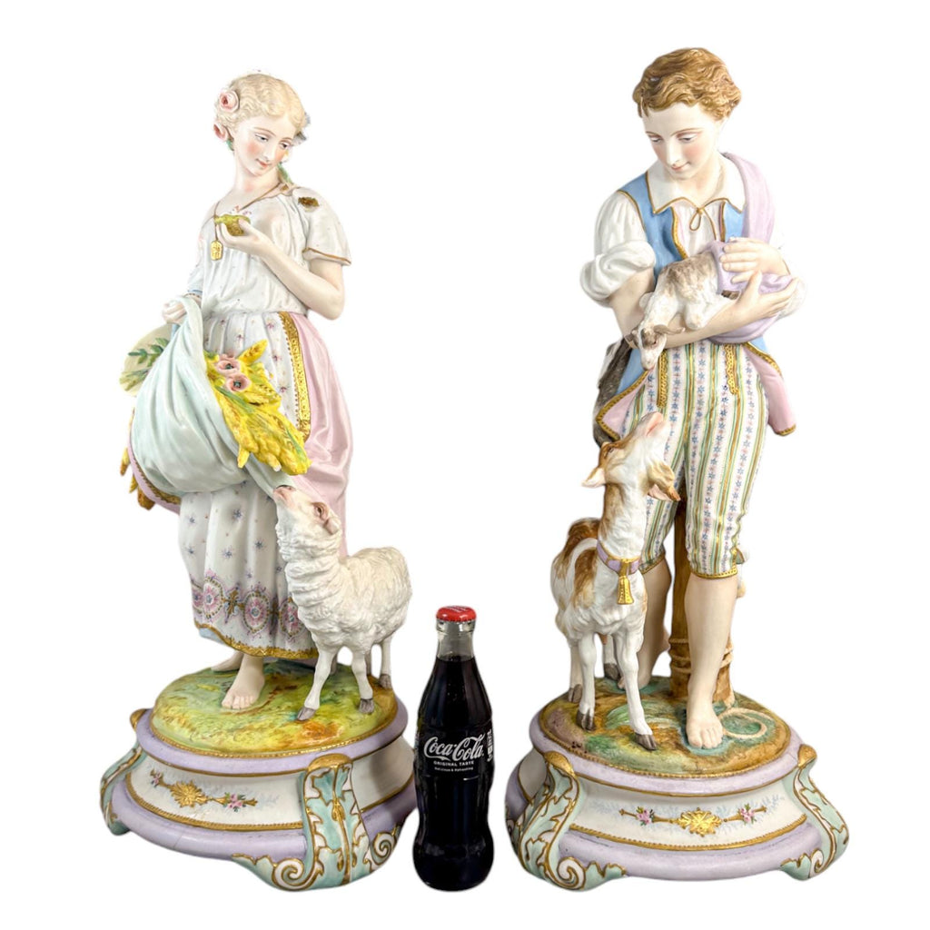 Rare huge Vion & Baury French bisque porcelain figures, Romantic pastoral "Shepherd and Shepherdess" Rococo sculptures, 60 cm, Paris c. 1870