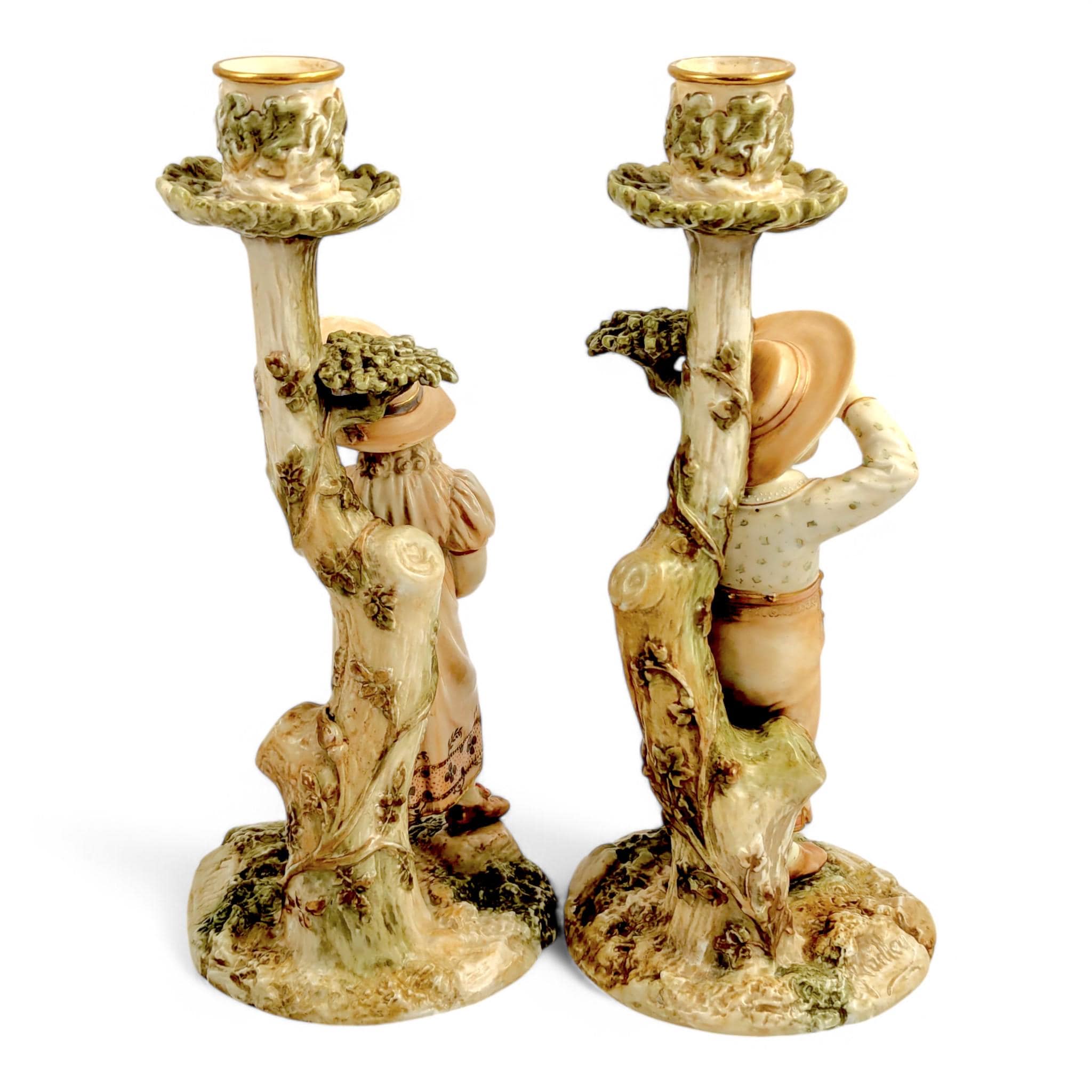 Antique Royal Worcester Porcelain Candlesticks: Boy & Girl Figurines, James Hadley, 1887