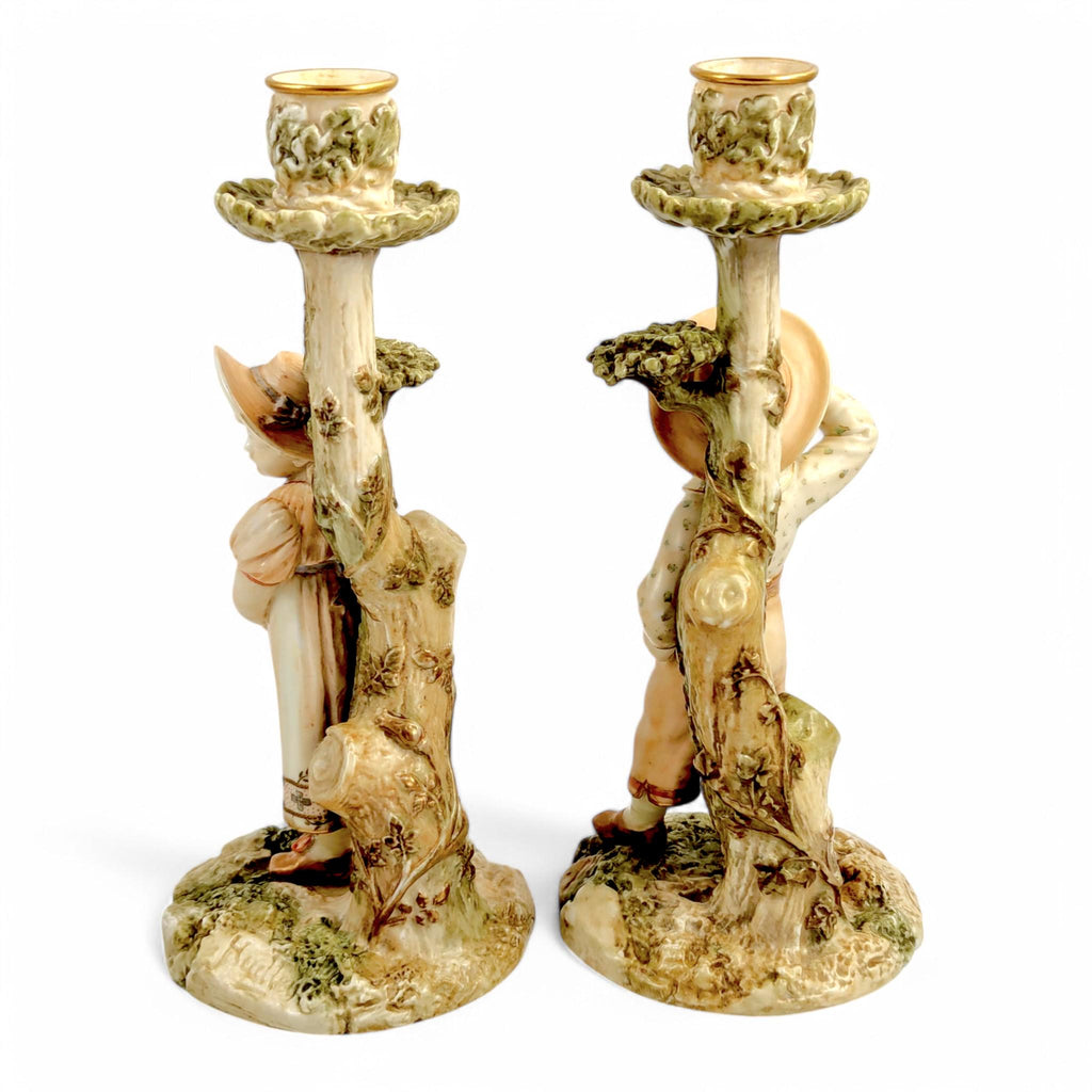 Antique Royal Worcester Porcelain Candlesticks: Boy & Girl Figurines, James Hadley, 1887