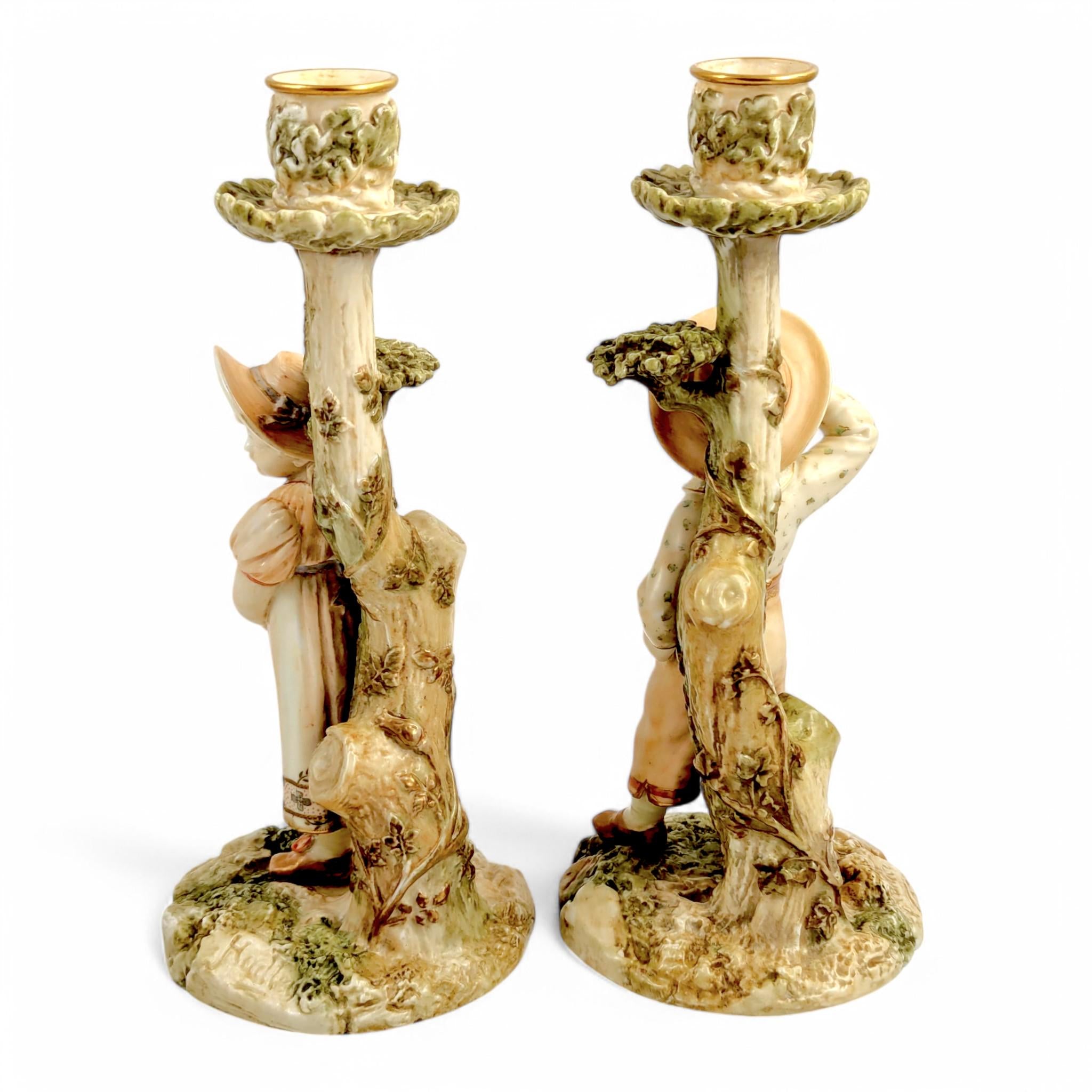 Antique Royal Worcester Porcelain Candlesticks: Boy & Girl Figurines, James Hadley, 1887