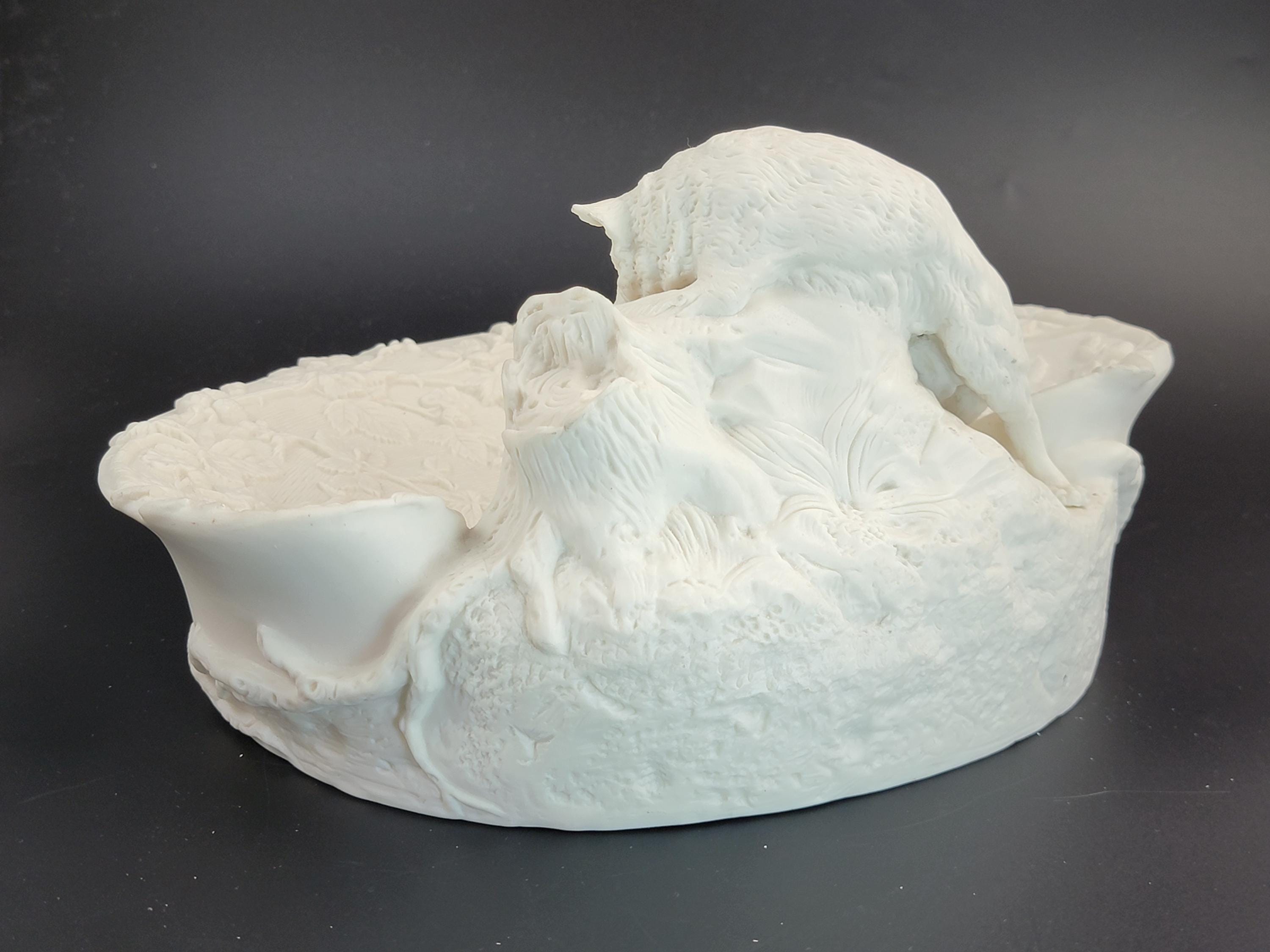 Antique English Parian Ware Fox & Rabbit Dish, Victorian c1850