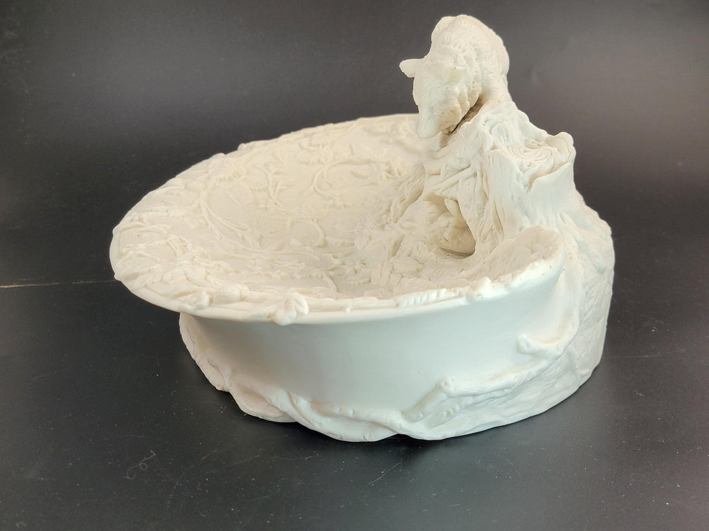 Antique English Parian Ware Fox & Rabbit Dish, Victorian c1850