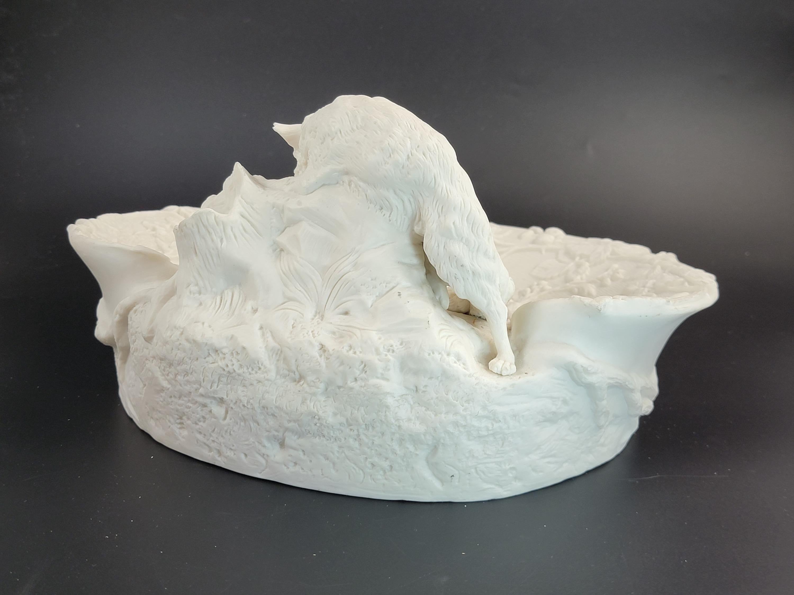 Antique English Parian Ware Fox & Rabbit Dish, Victorian c1850