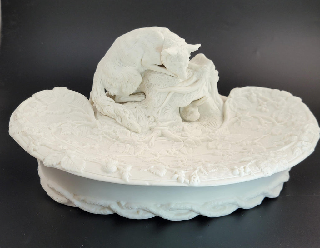 Antique English Parian Ware Fox & Rabbit Dish, Victorian c1850