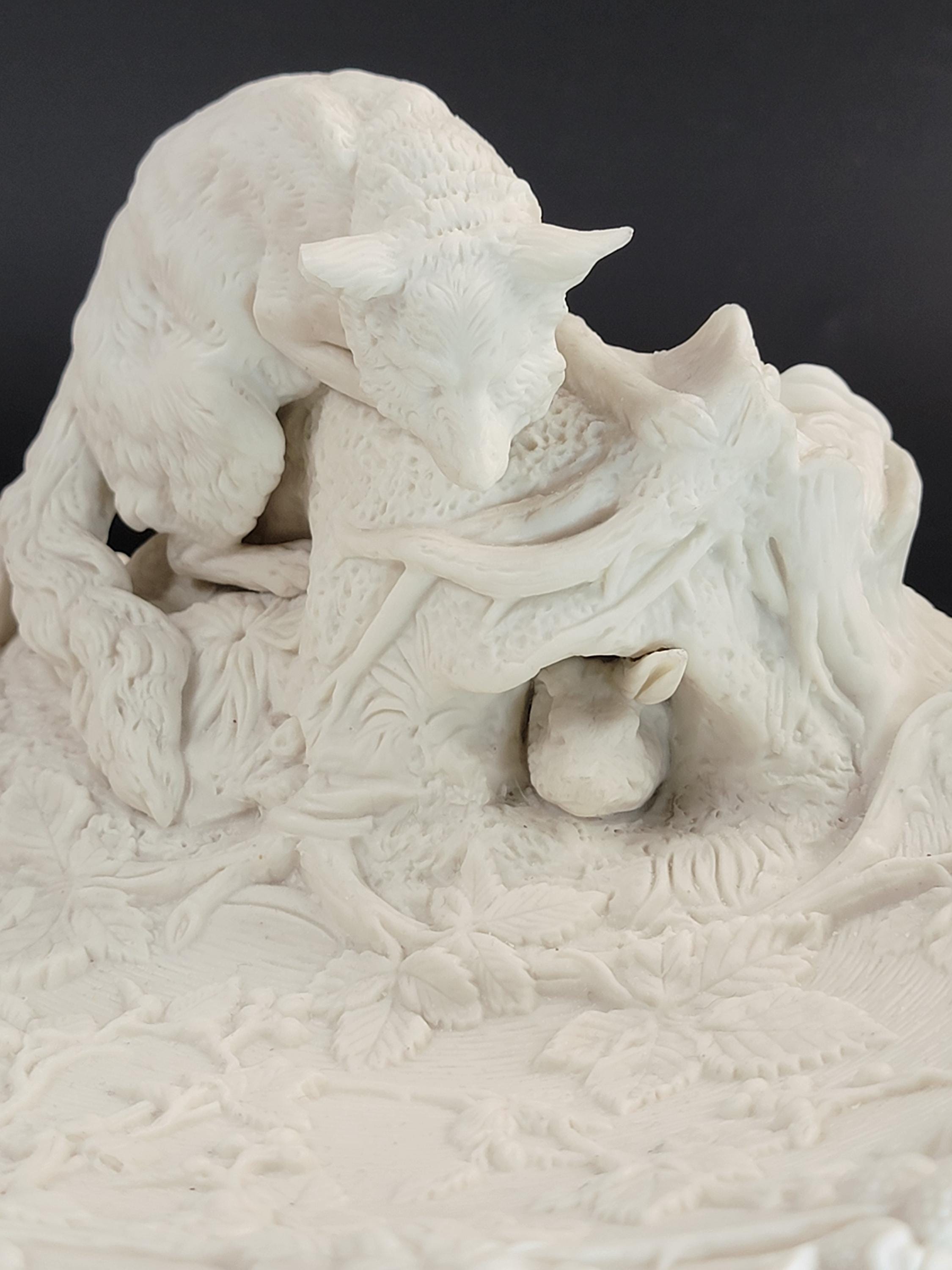 Antique English Parian Ware Fox & Rabbit Dish, Victorian c1850