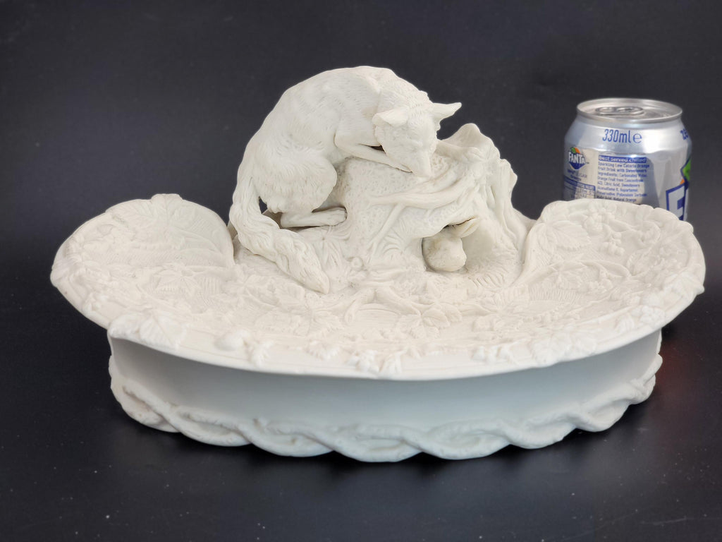 Antique English Parian Ware Fox & Rabbit Dish, Victorian c1850