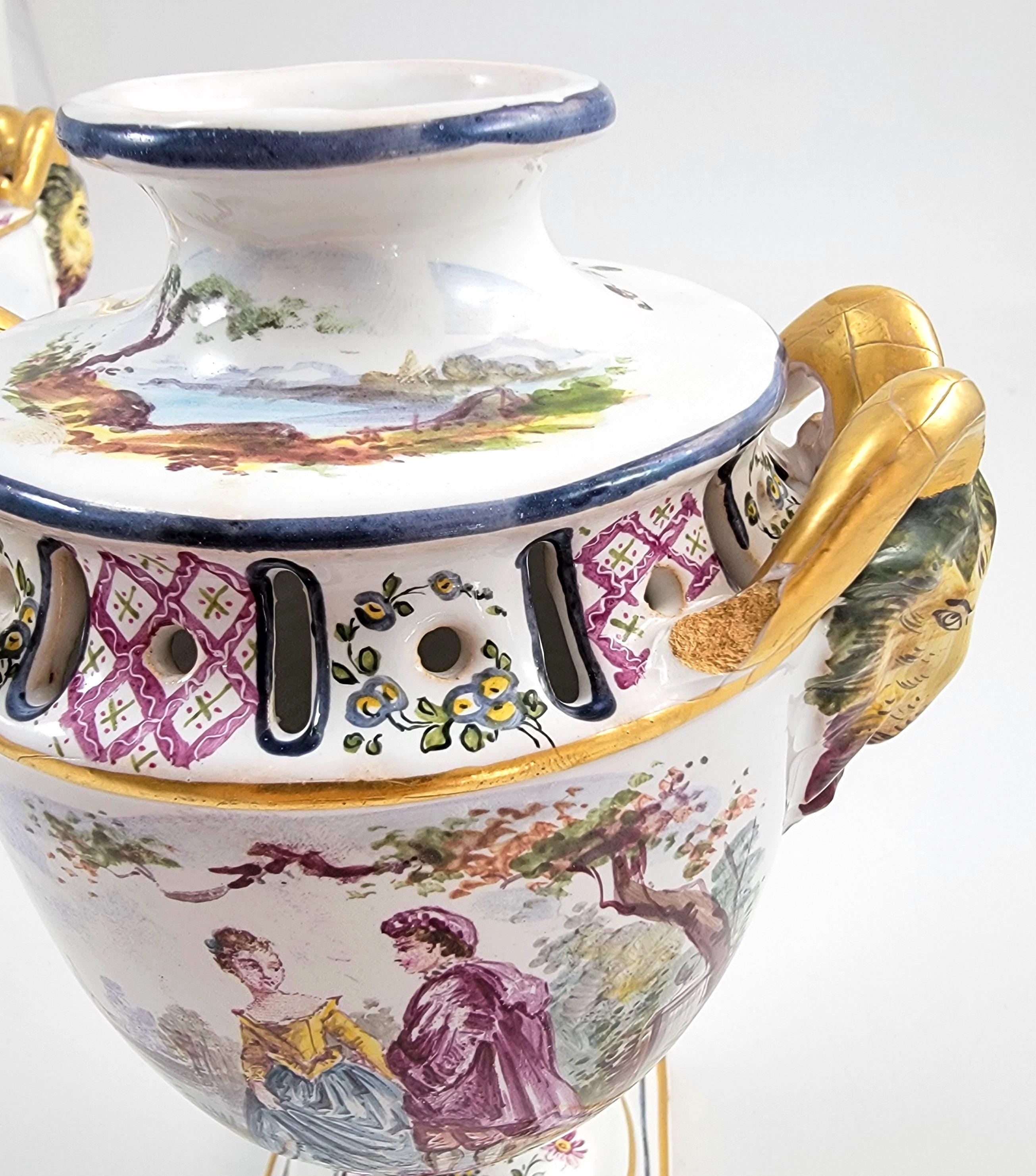 Rare Veuve Perrin Faience Urns: 18th Century French Pastoral Decor