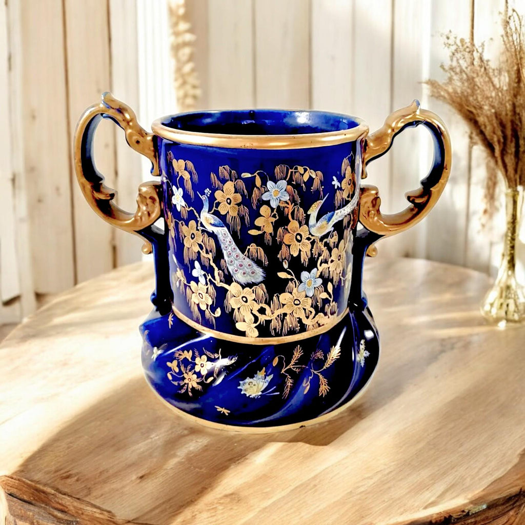 Rare Mason's Ironstone Wine Cooler: Gold Posies & Birds, Cobalt Blue, c. 1820