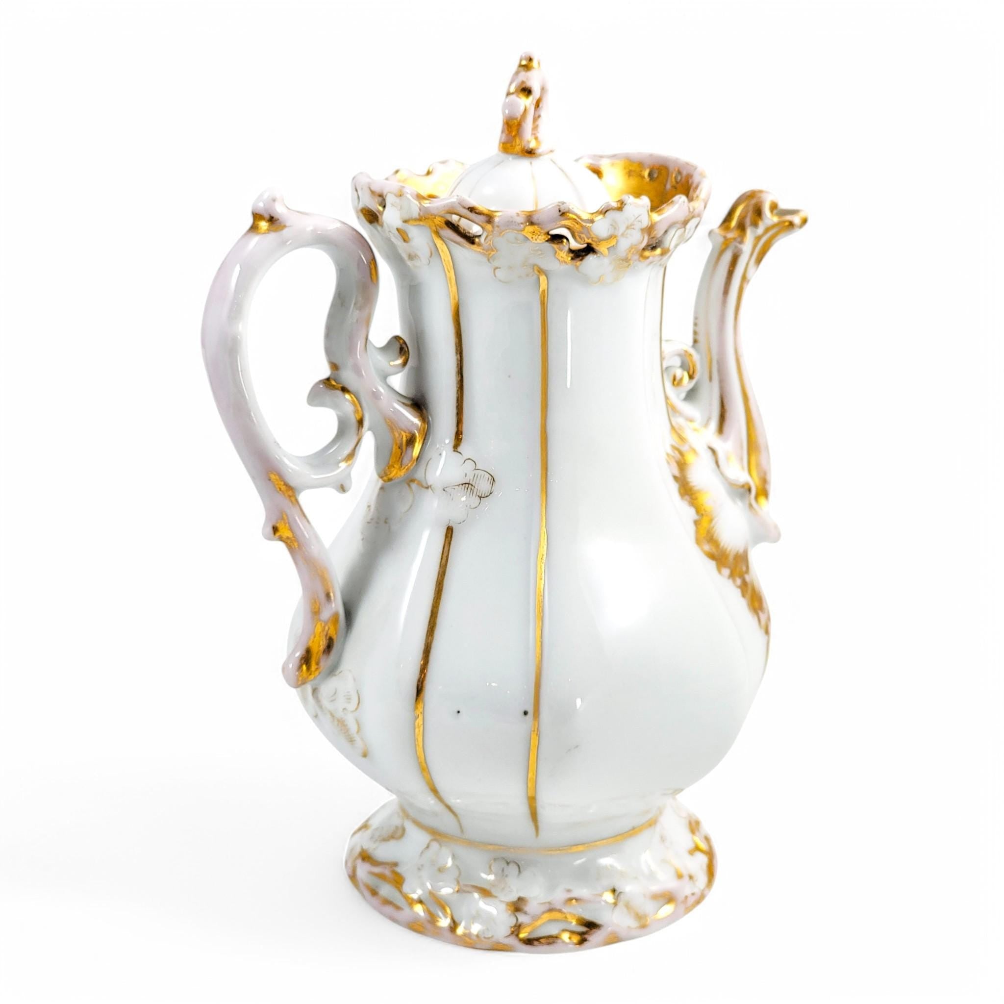 Rare Carl Tielsch Rococo Revival Porcelain Coffee Pot: Antique German Gilding, c. 1850s