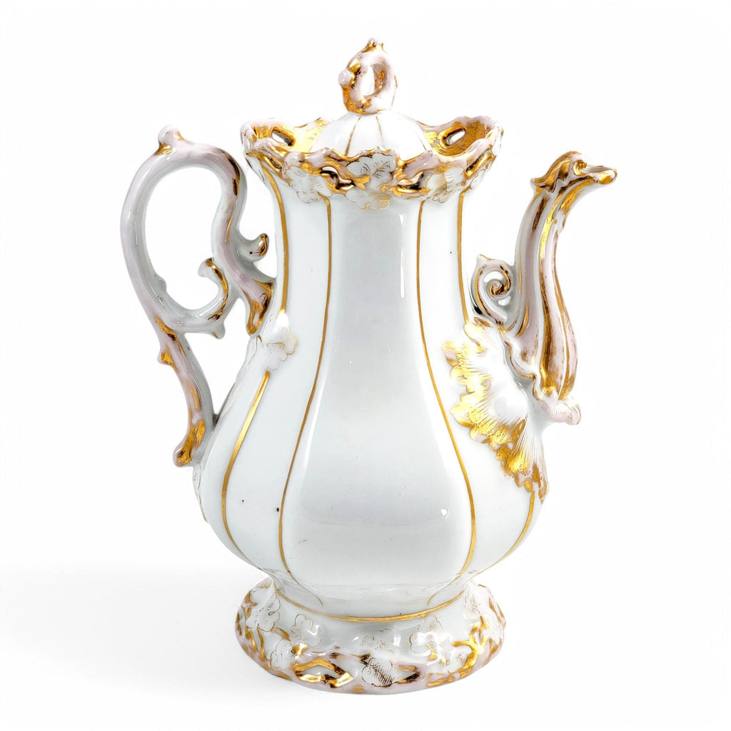 Rare Carl Tielsch Rococo Revival Porcelain Coffee Pot: Antique German Gilding, c. 1850s