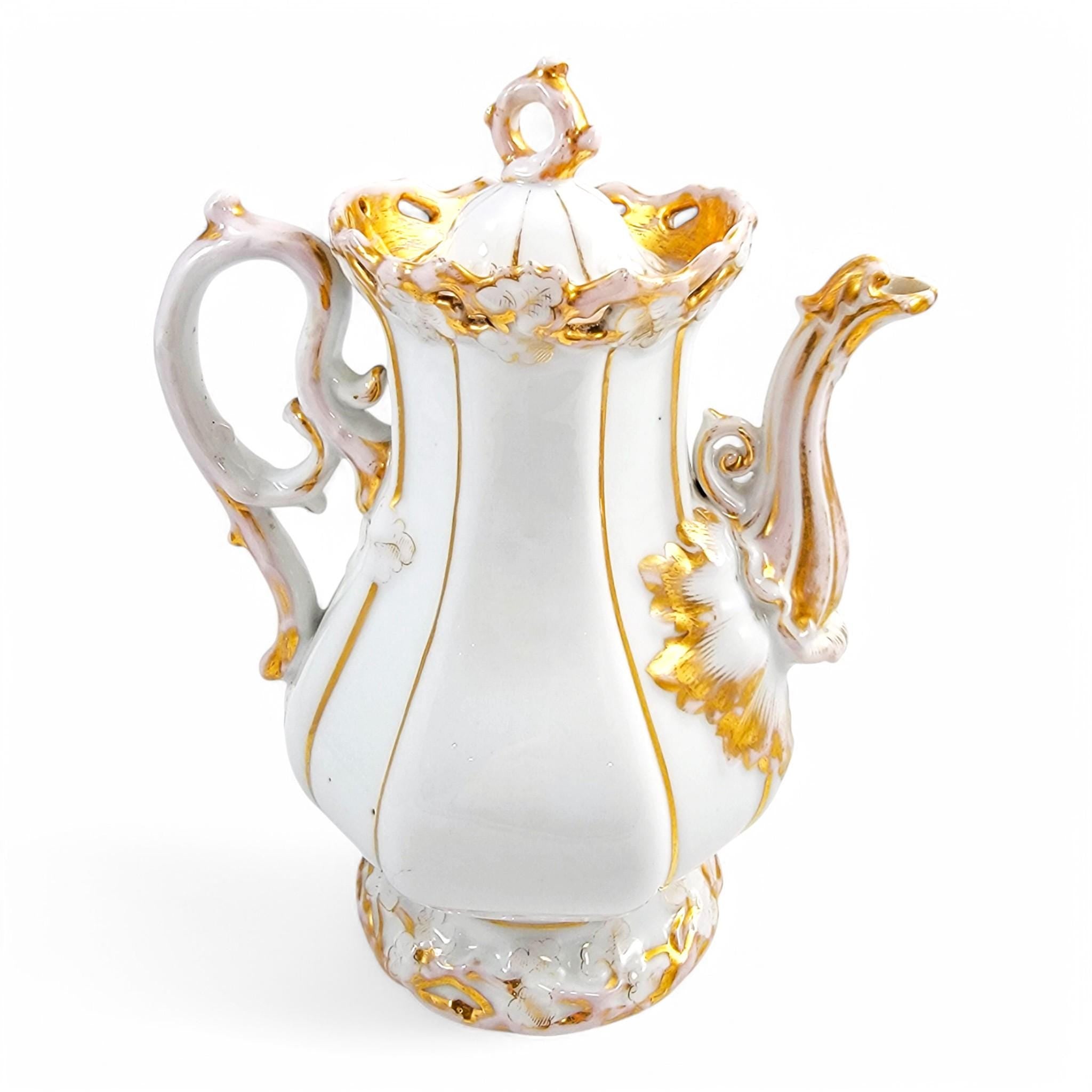 Rare Carl Tielsch Rococo Revival Porcelain Coffee Pot: Antique German Gilding, c. 1850s