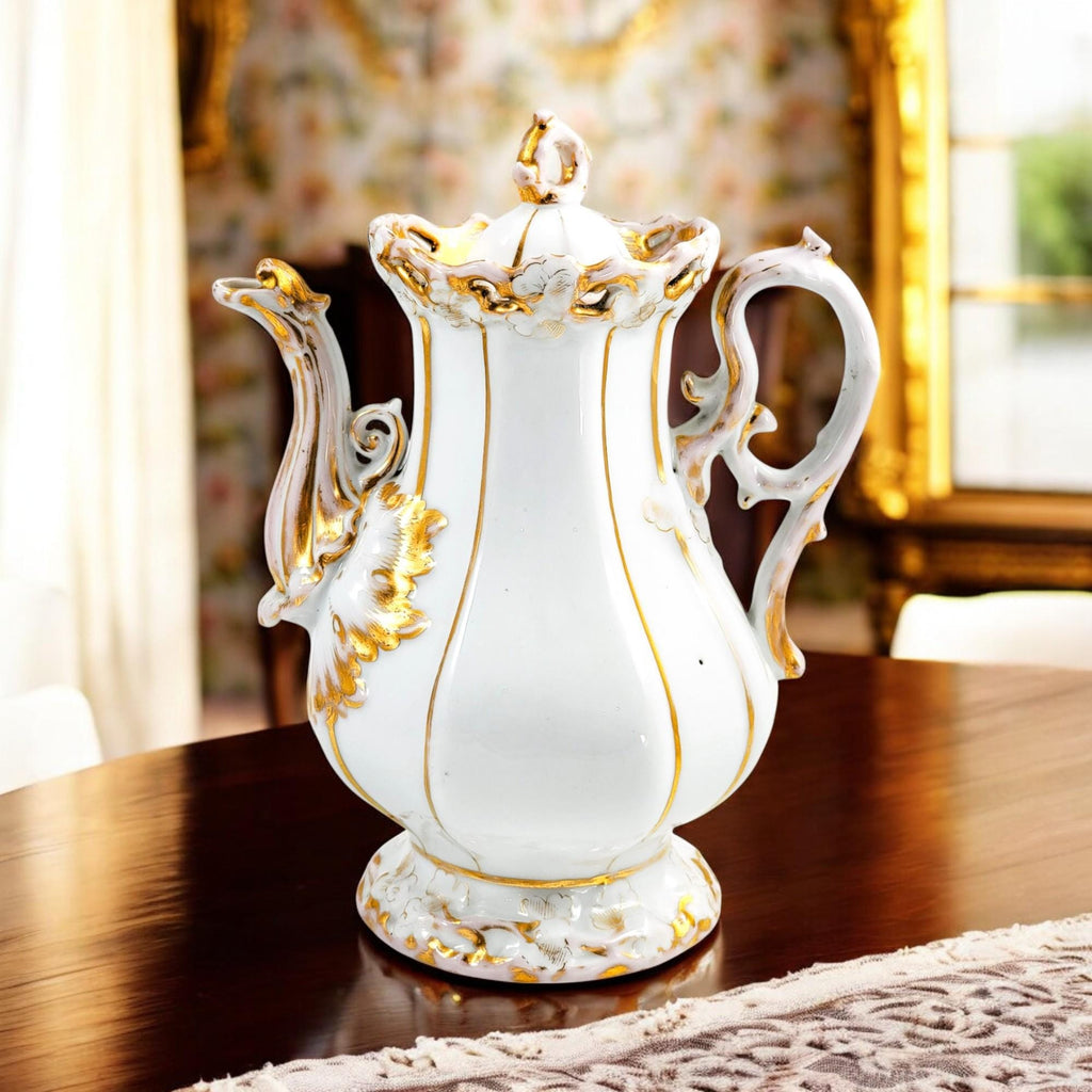 Rare Carl Tielsch Rococo Revival Porcelain Coffee Pot: Antique German Gilding, c. 1850s