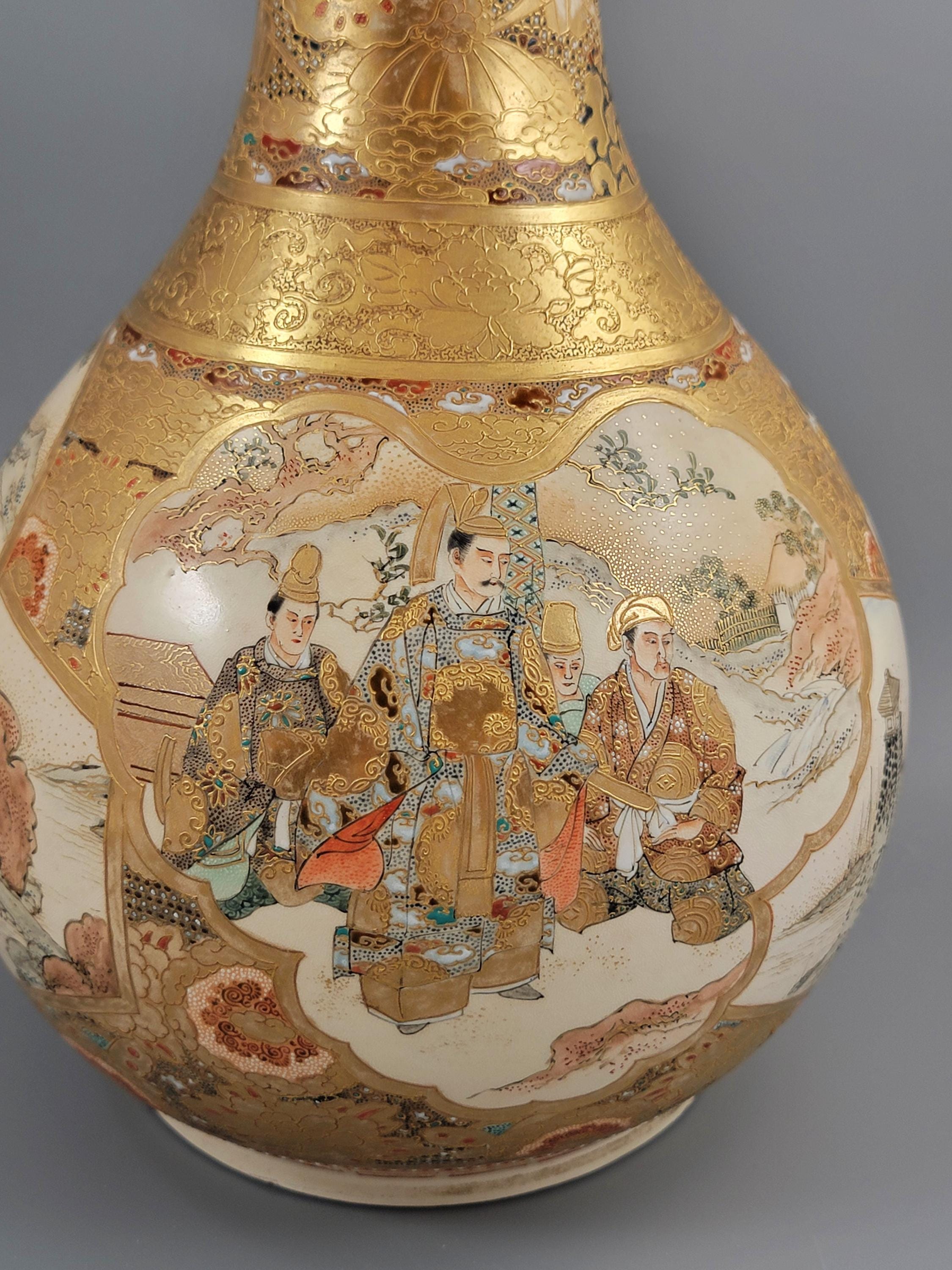 Large Antique Japanese Satsuma Vase Samurai Moriage Gilding Meiji Period c.1880