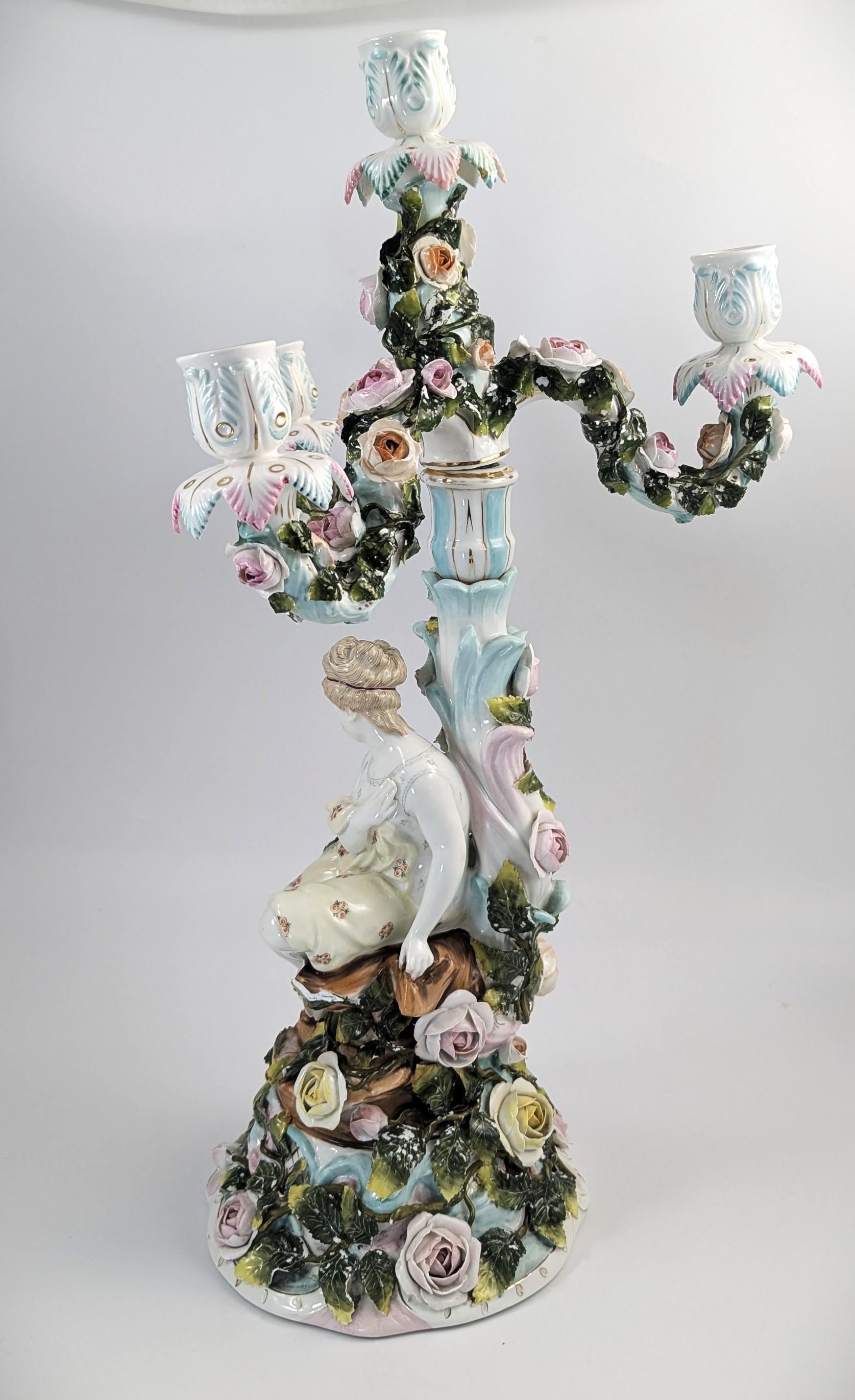 Antique Sitzendorf Porcelain Candelabra, Figural Floral Design, 1890s