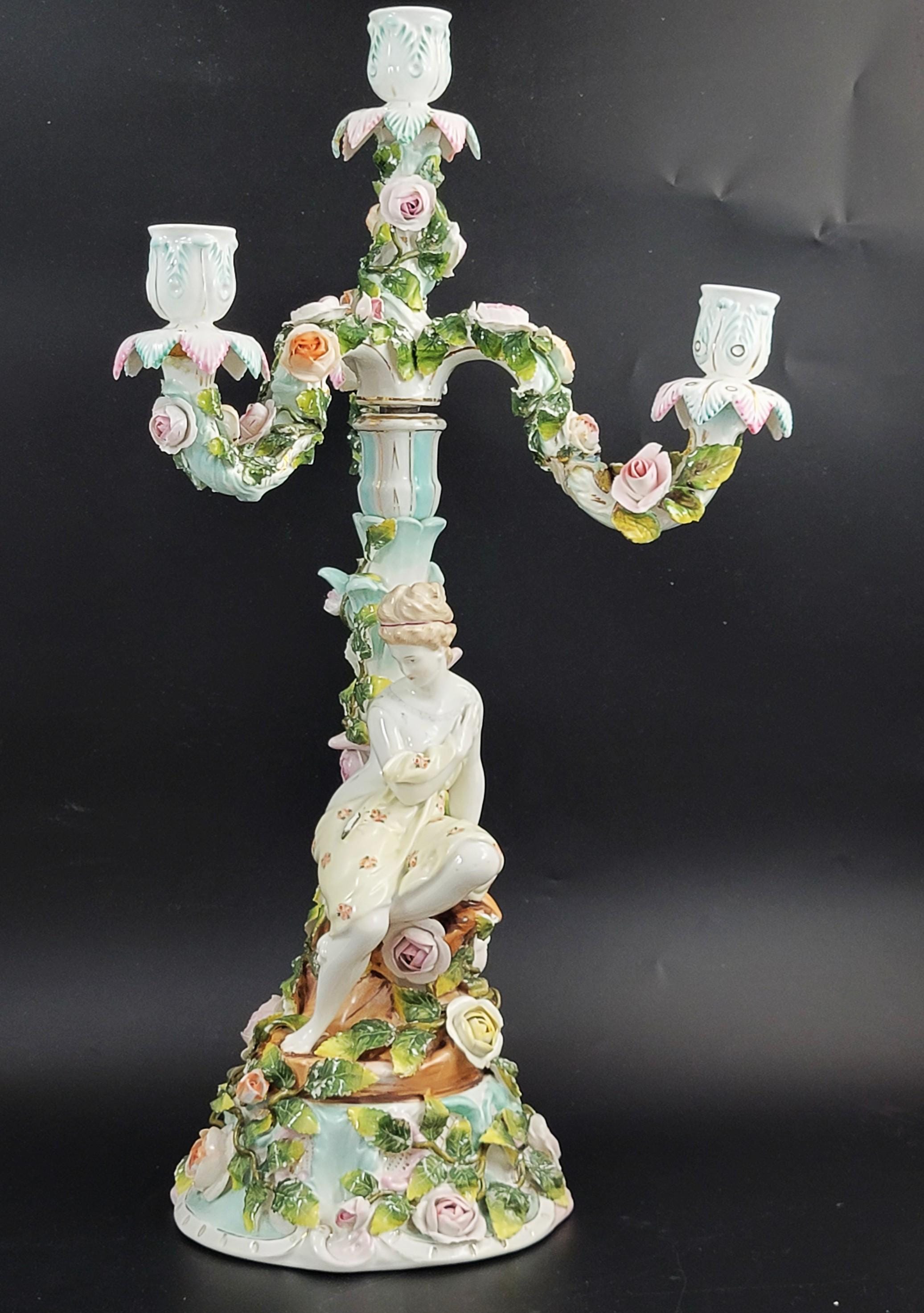 Antique Sitzendorf Porcelain Candelabra, Figural Floral Design, 1890s