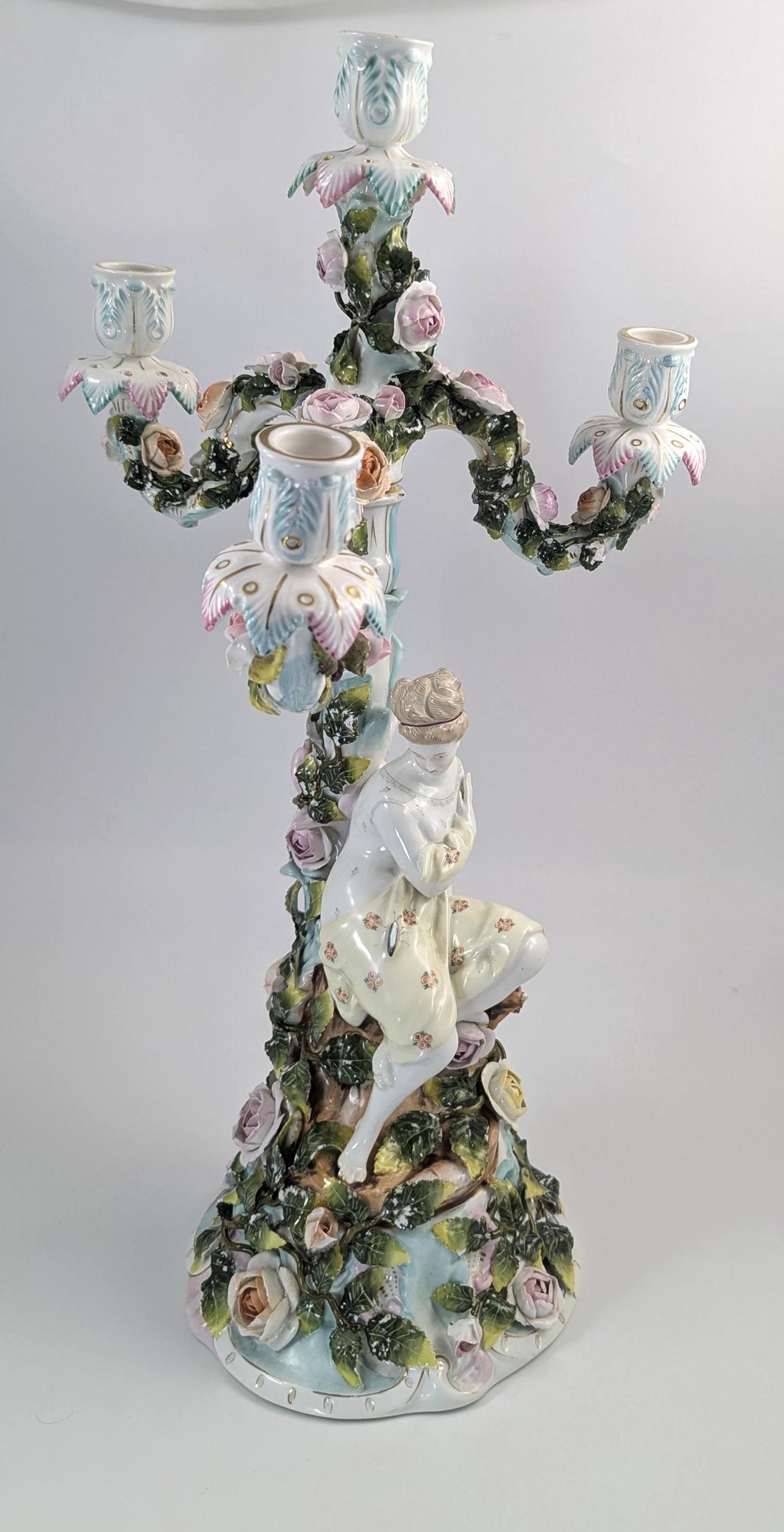Antique Sitzendorf Porcelain Candelabra, Figural Floral Design, 1890s