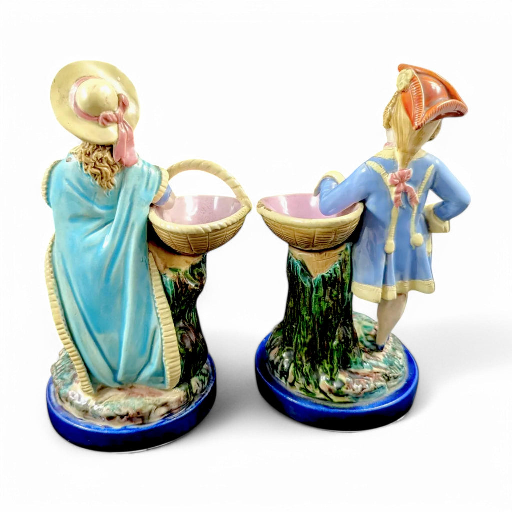 Antique Royal Worcester Majolica Figurines: Boy and Girl with Baskets, 1870s