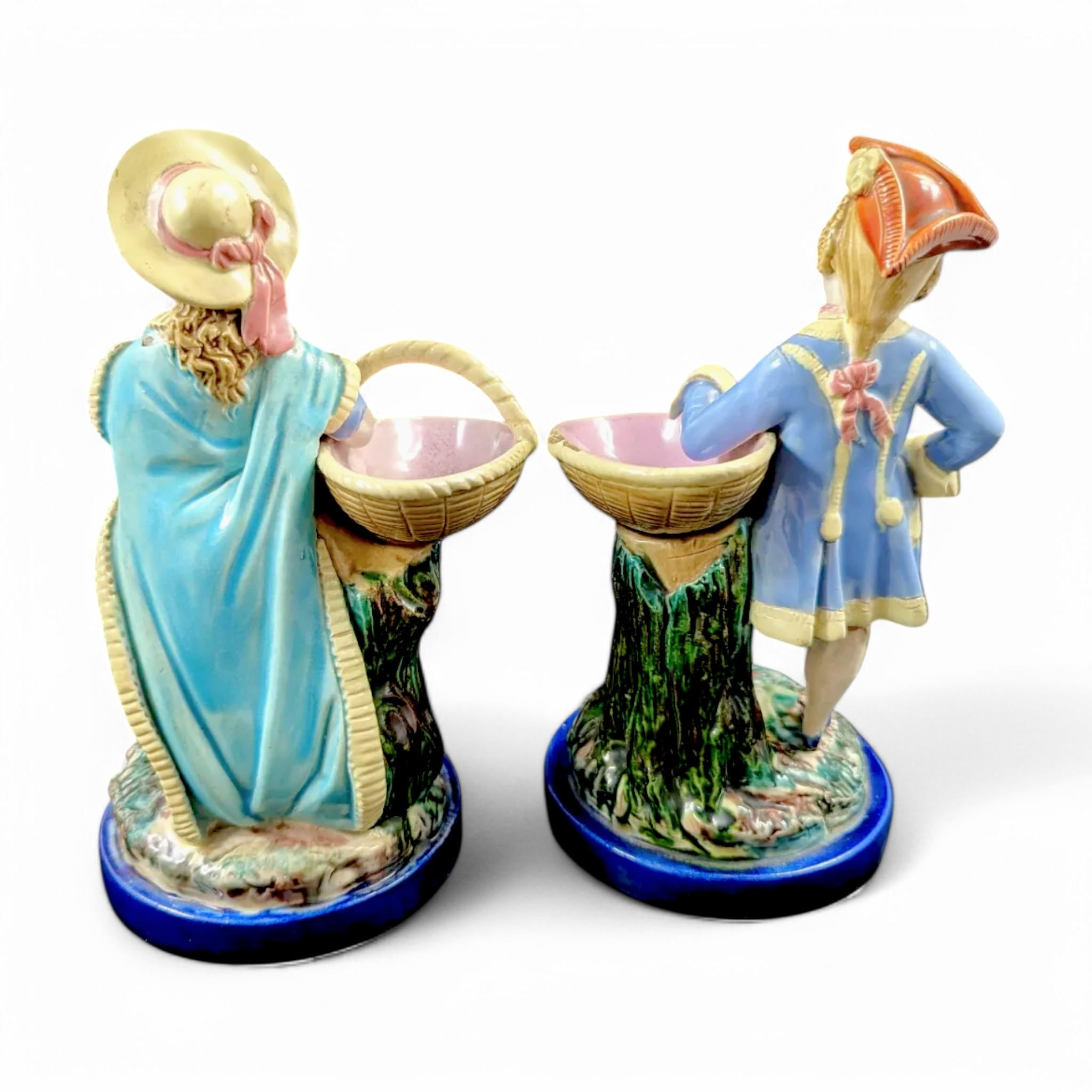 Antique Royal Worcester Majolica Figurines: Boy and Girl with Baskets, 1870s